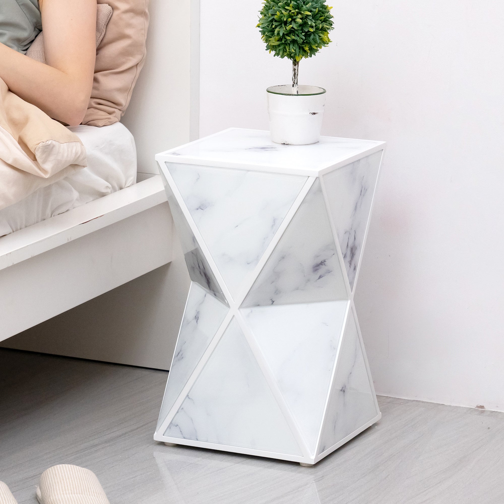 Geometry End Table, Glass Nightstand, Marble Table, White Table for Bedroom Living Room