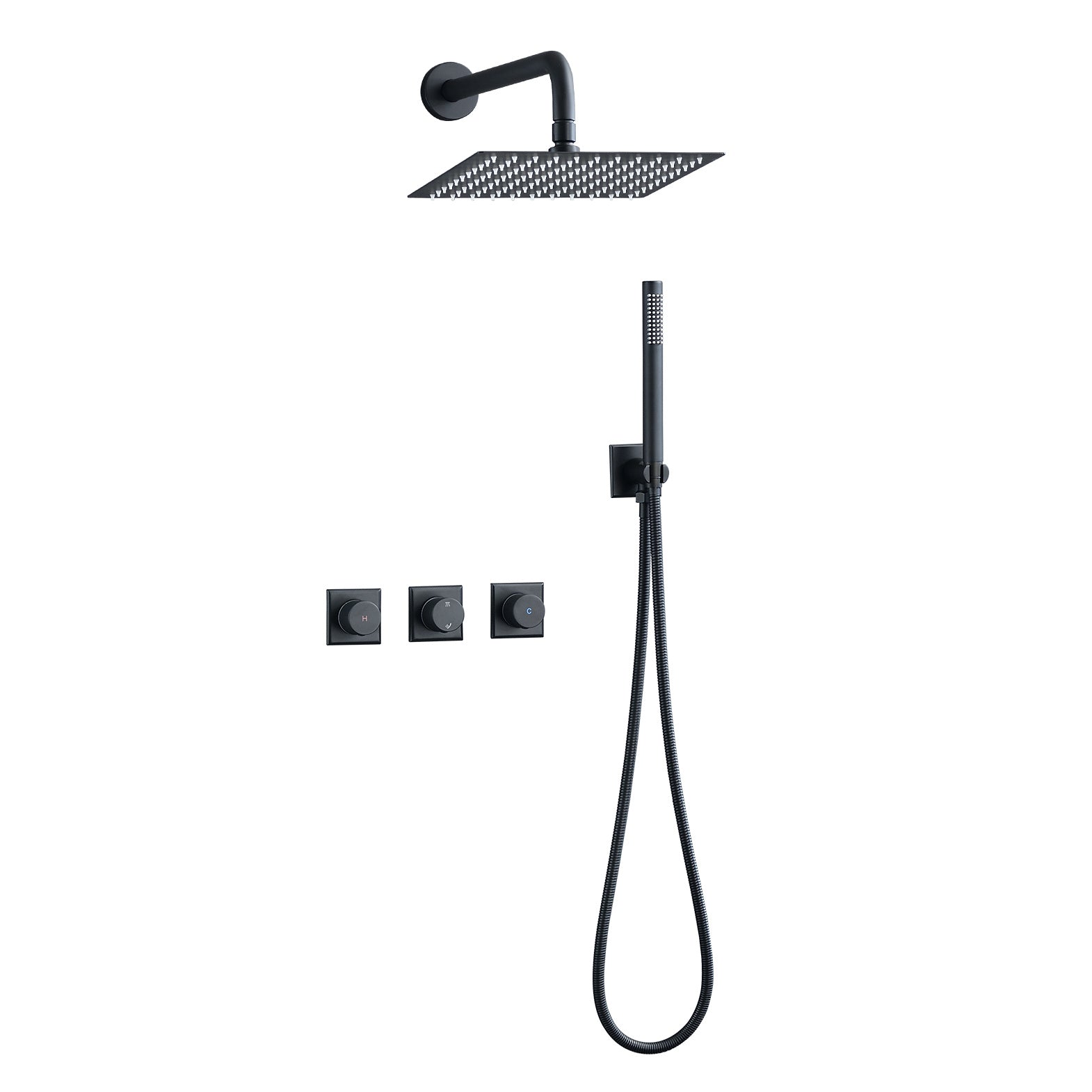 Combo Set Wall Mounted 10-Inch Square Rainfall Shower Head System Luxury Rainfall Shower Fixtures in Matte Black