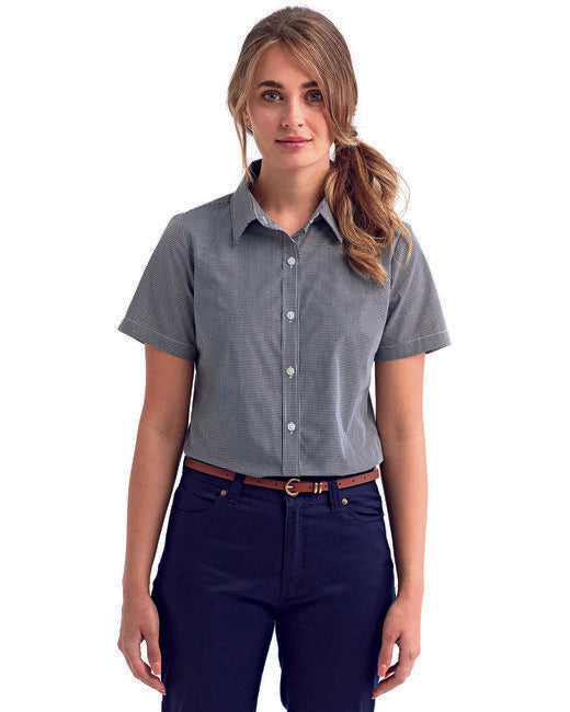 Ladies' Microcheck Gingham Short-Sleeve Cotton Shirt - BLACK/ WHITE - 2XL