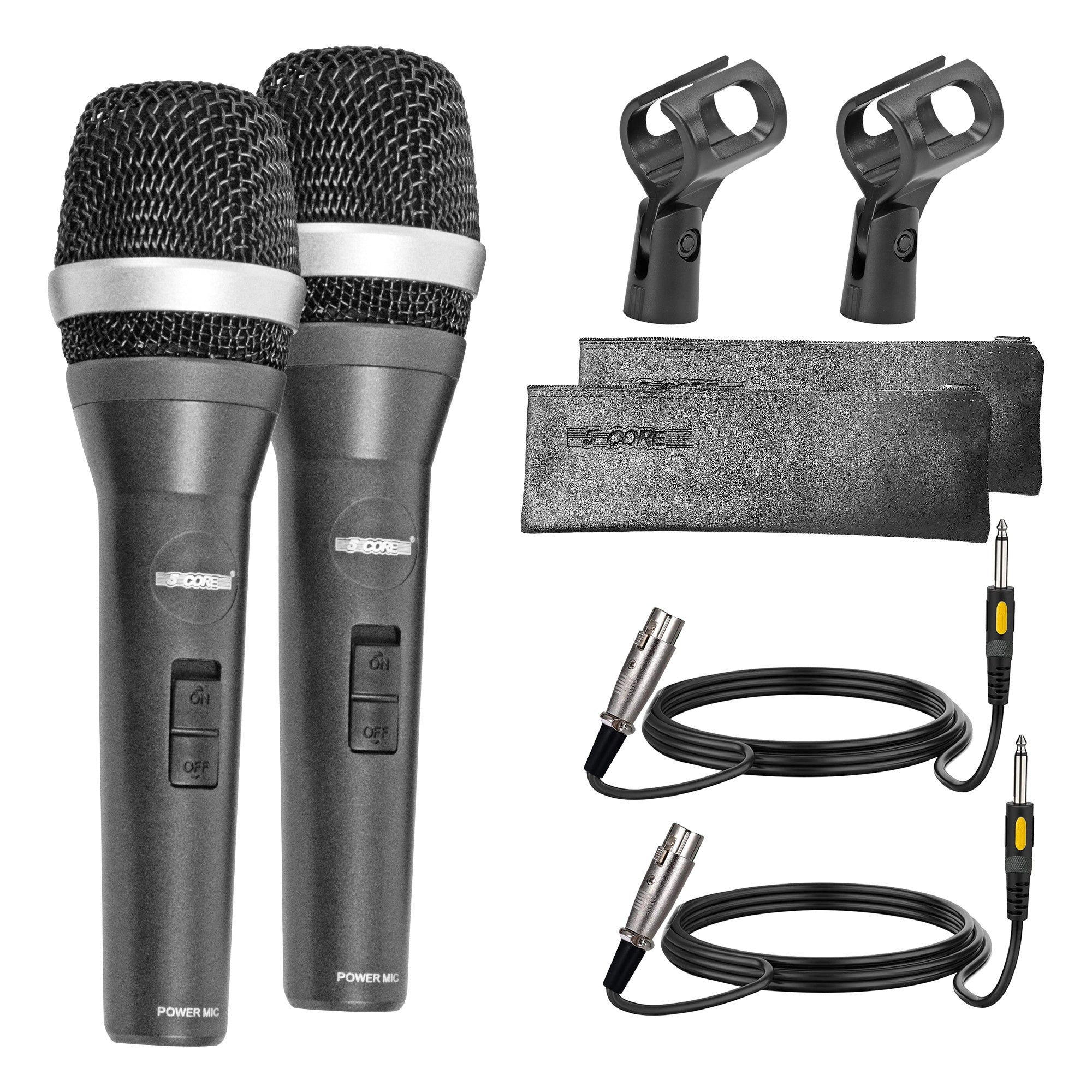 5 Core Microphone Wired Professional Dynamic Vocal Neodymium Cardioid Unidirectional Handheld Microphones Pair W/Steel Mesh Grille, Metal Body w/16ft Detachable Cable+ Mic Clip+ Bag - 5C POWER 2PCS