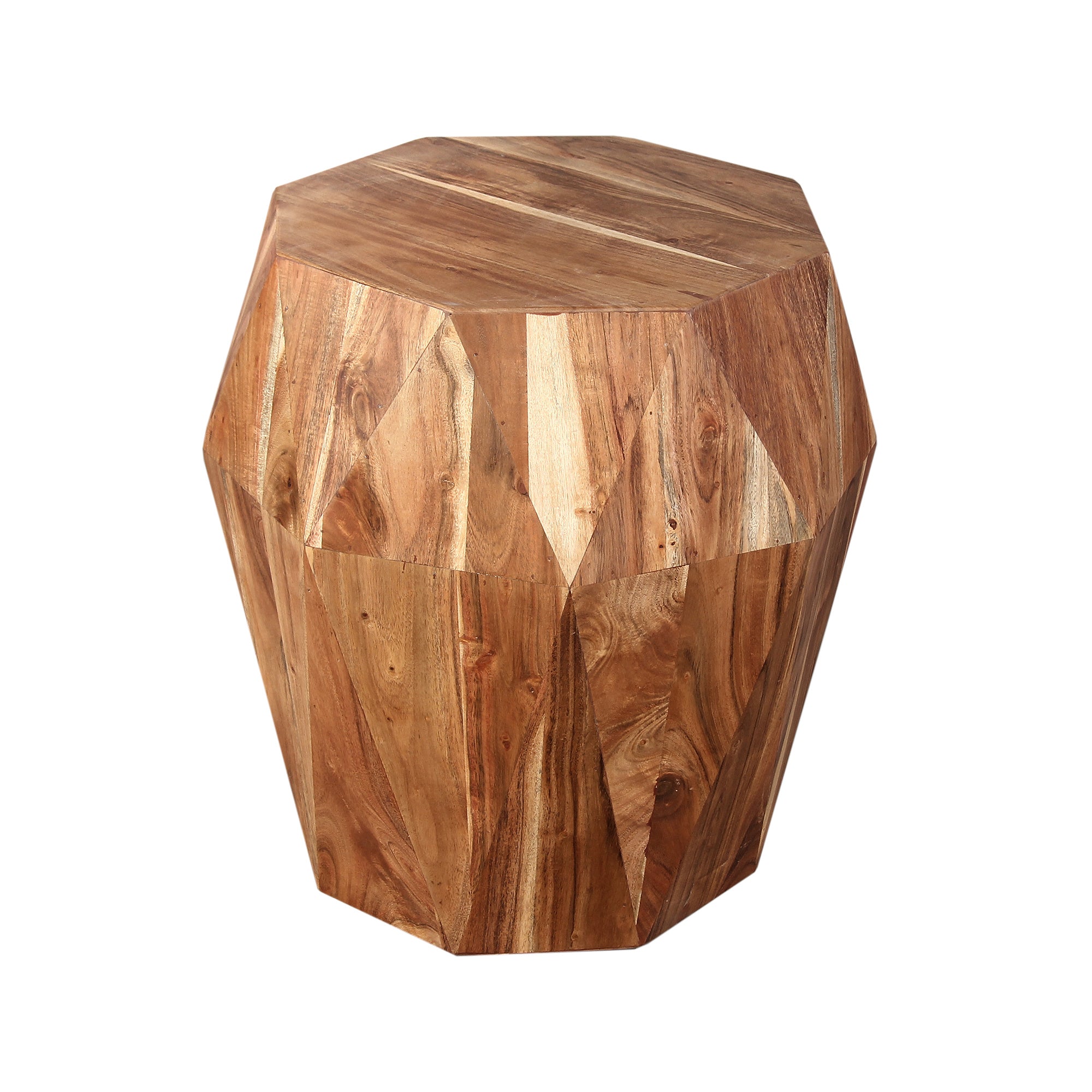 Bon 22 Inch Artisanal End Side Table, Multifaceted Solid Acacia Wood, Octagon Top, Natural Brown