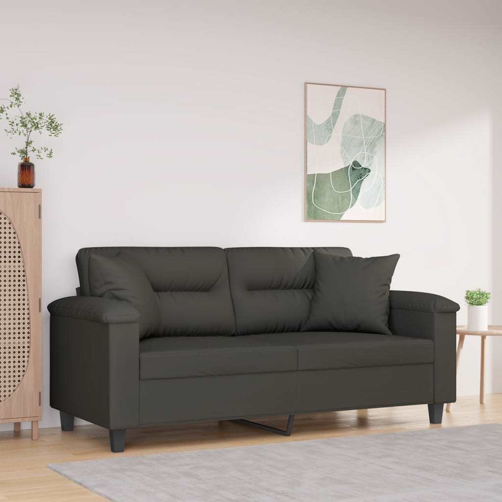 2-Seater Sofa with Pillows&Cushions Dark Gray 55.1" Microfiber Fabric