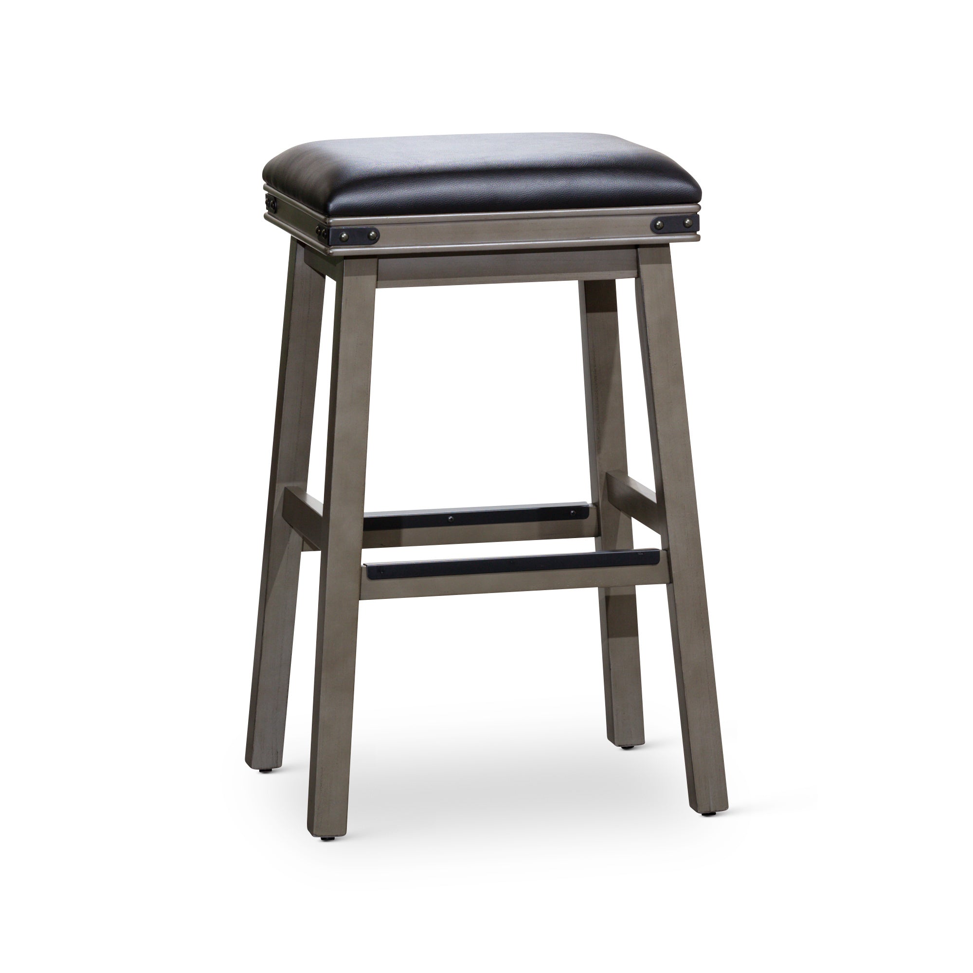 30" Bar Stool, Weathered Gray Finish, Black Leather Seat