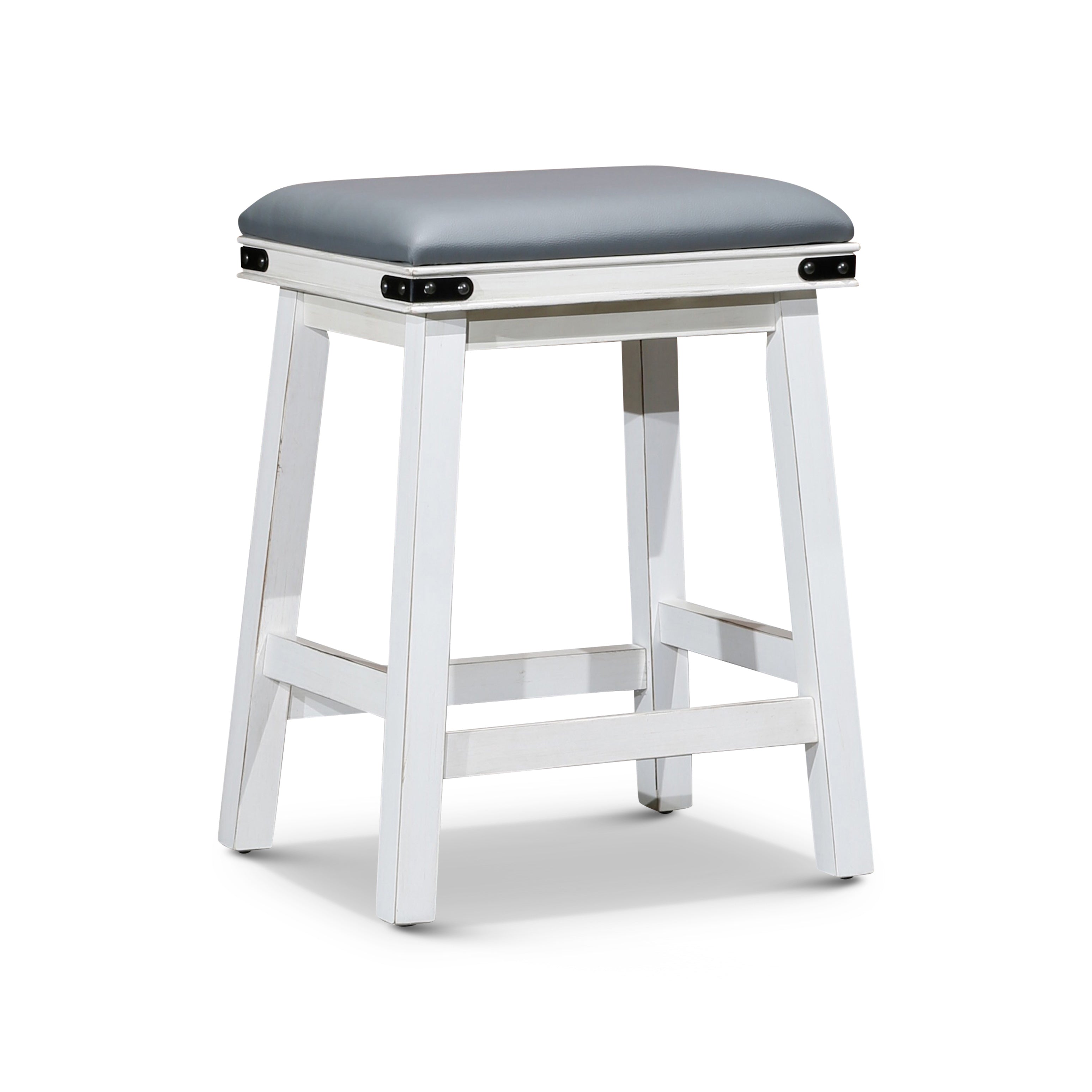 24" Counter Stool, Antique White, Gray Leather Seat