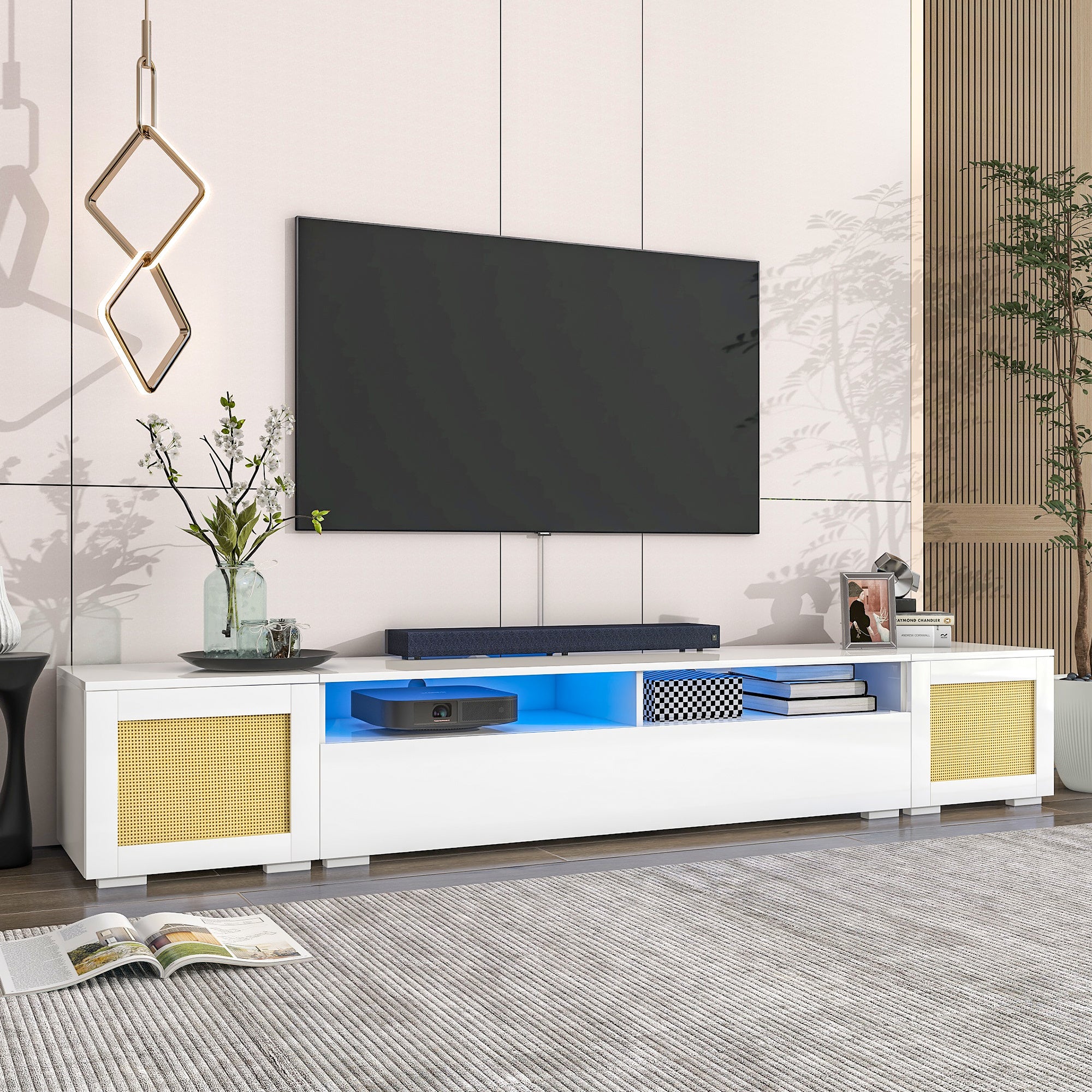 ON-TREND Rattan Style Entertainment Center with Push to Open Doors, 3-pics Extended TV Console Table for TVs Up to 90'', Modern TV Stand with Color Changing LED Lights for Home Theatre, White