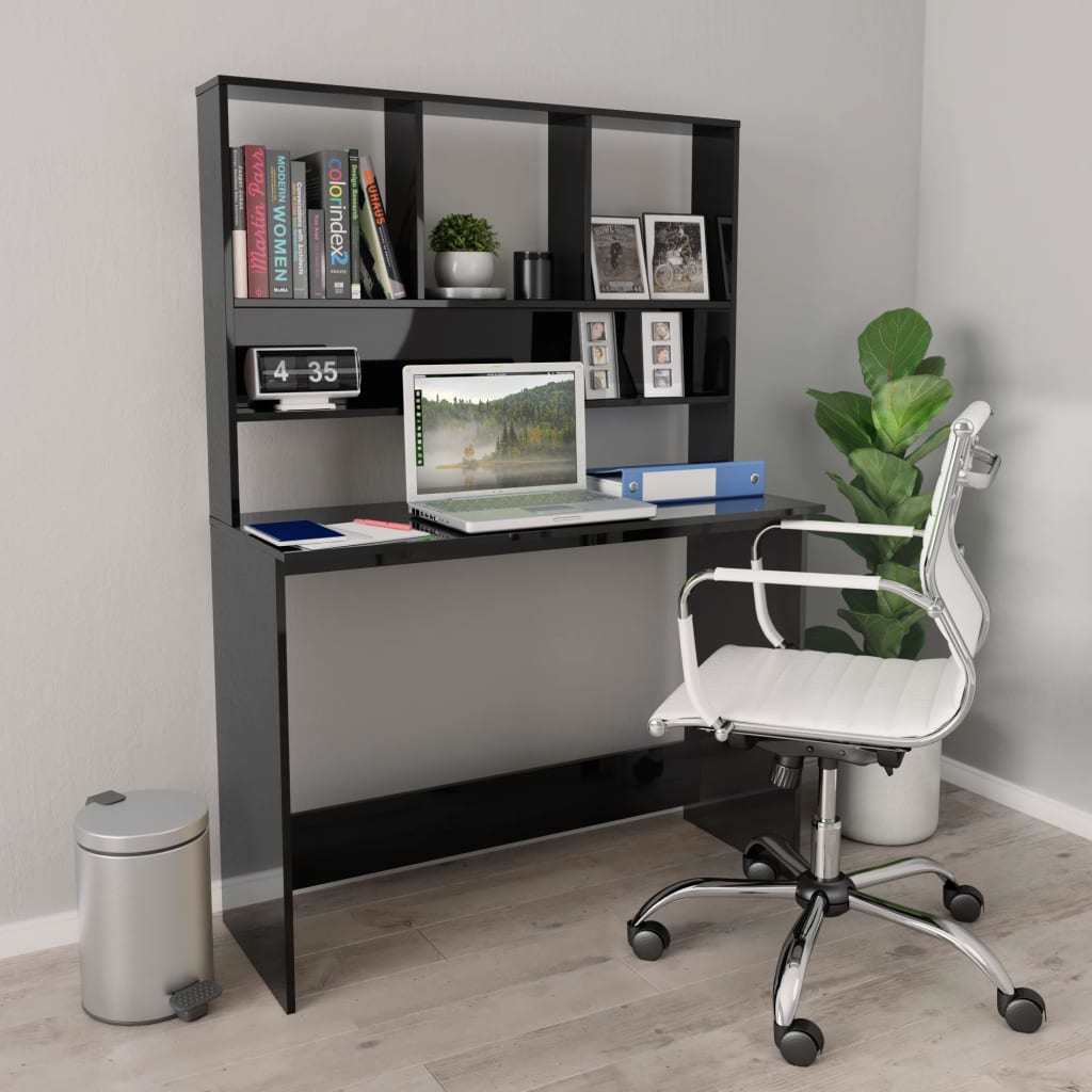 Desk with Shelves High Gloss Black 43.3" x 17.7" x 61.8" Engineered Wood