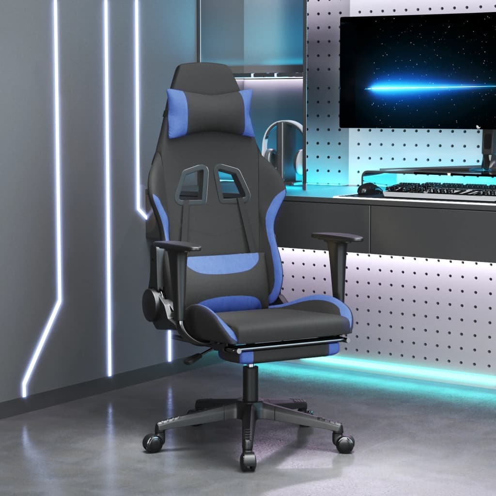 Gaming Chair with Footrest Black and Blue Fabric