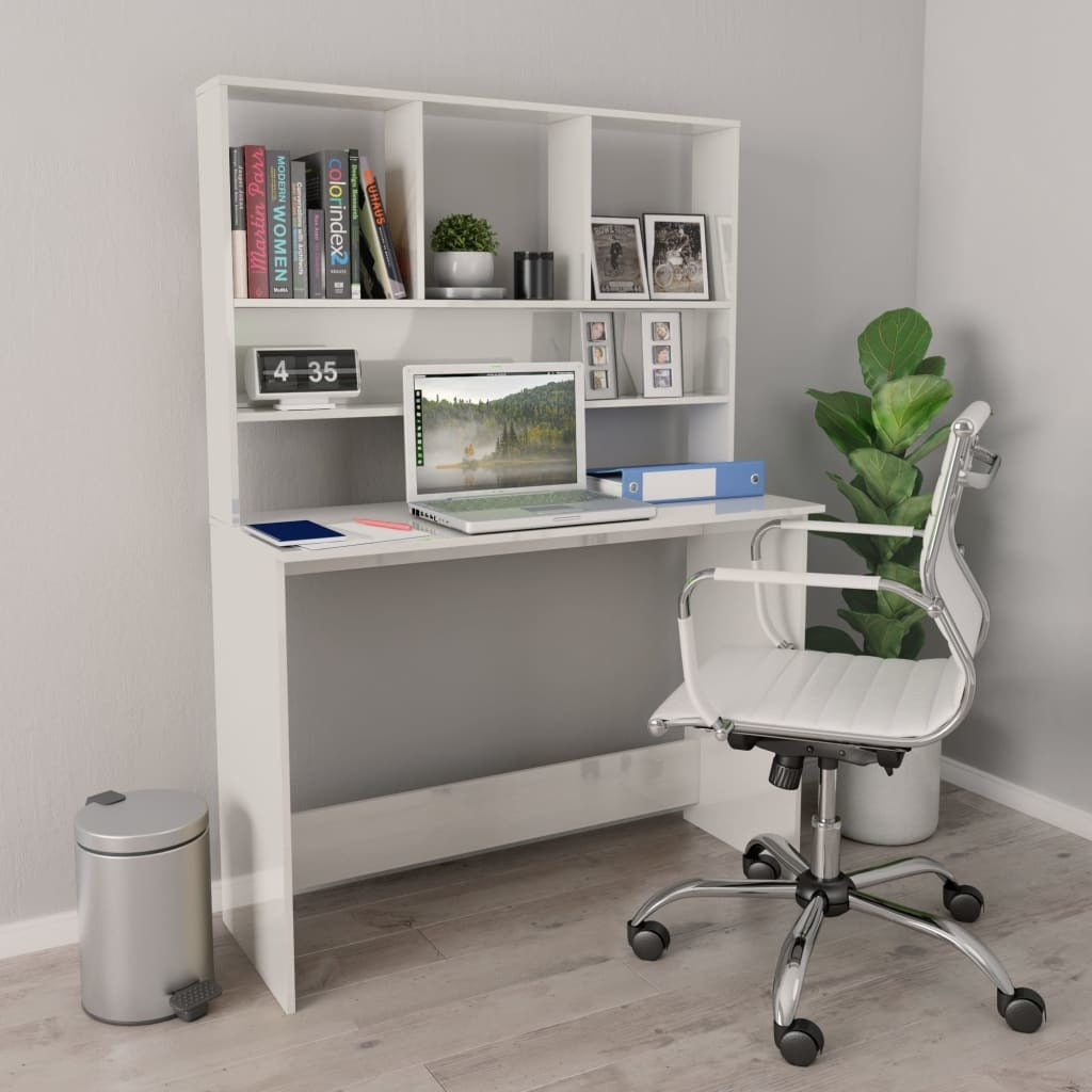 Desk with Shelves High Gloss White 43.3" x 17.7" x 61.8" Engineered Wood