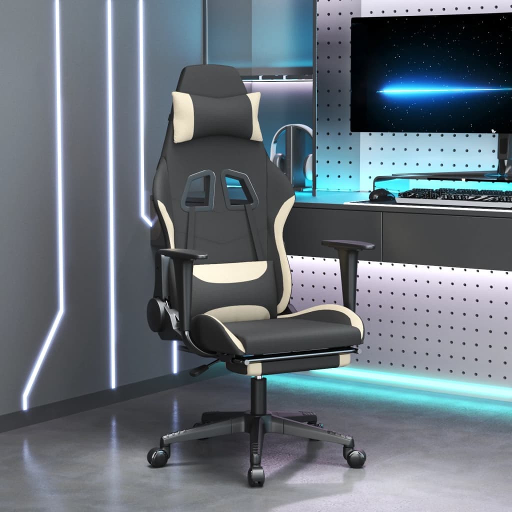 Gaming Chair with Footrest Black and Cream Fabric