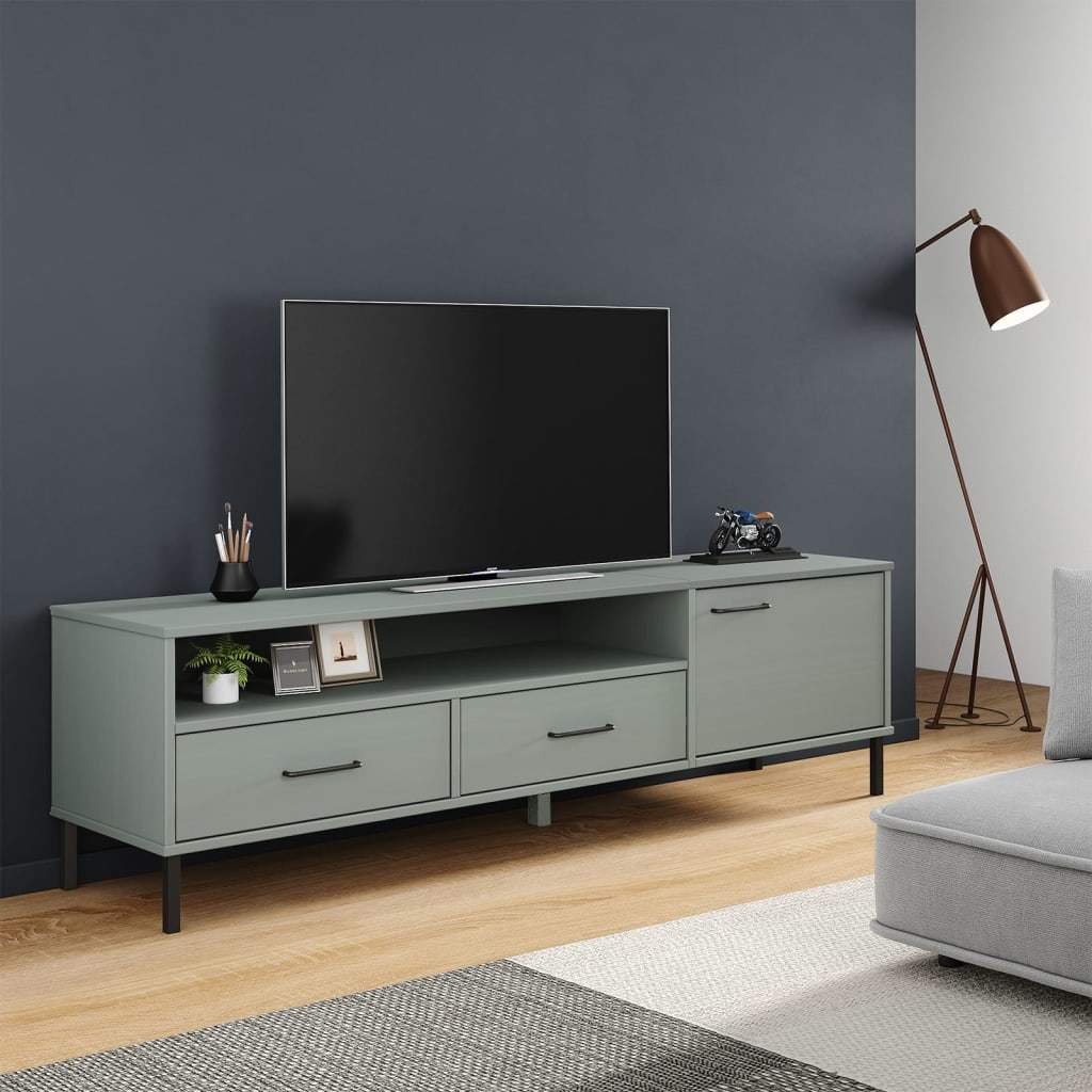 TV Stand with Metal Legs Gray Solid Wood Pine OSLO