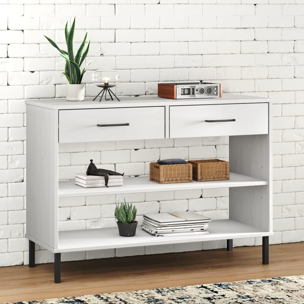 Console Cabinet with Metal Legs White Solid Wood Pine OSLO