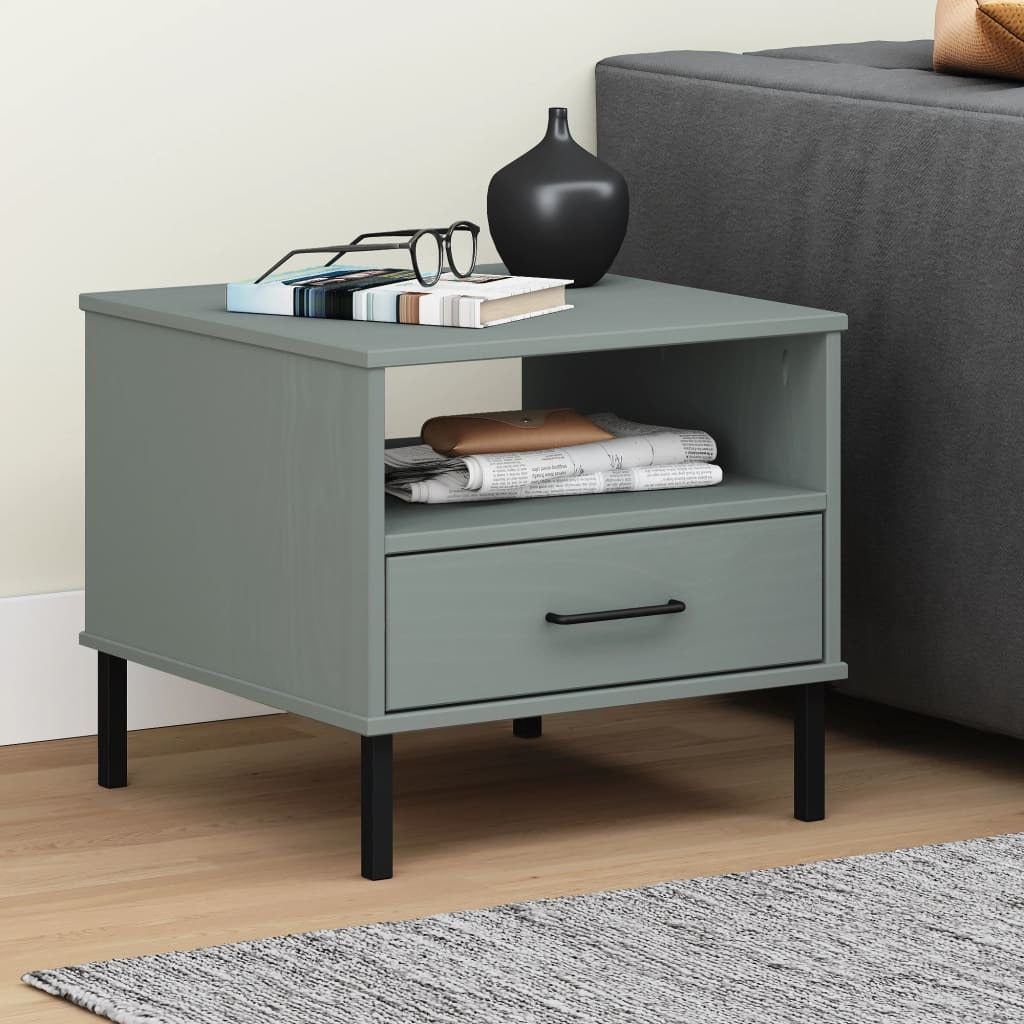 Bedside Table with Metal Legs Gray Solid Wood Pine OSLO