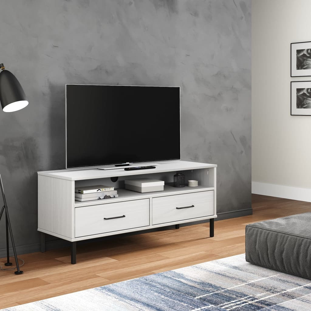 TV Stand with Metal Legs White Solid Wood Pine OSLO