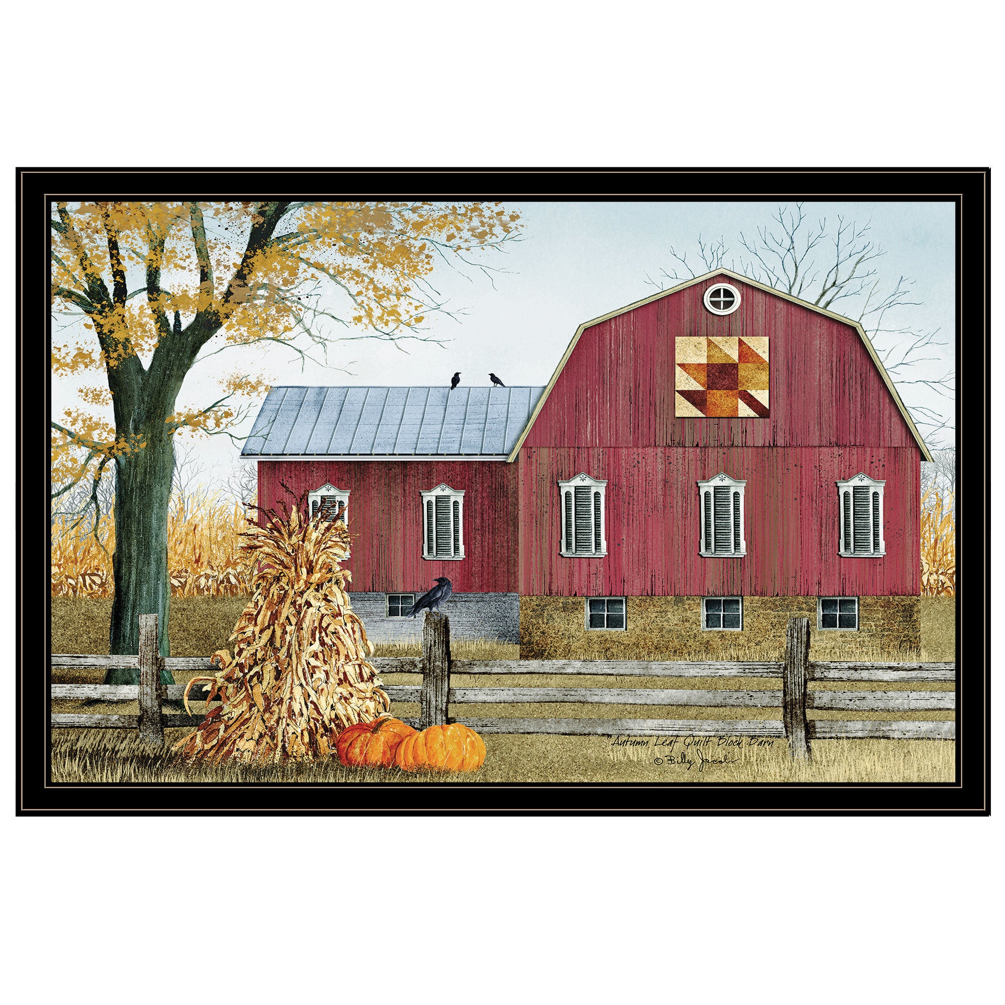 "Autumn Leaf Quilt Block Barn" by Billy Jacobs, Ready to Hang Framed Print, Black Frame