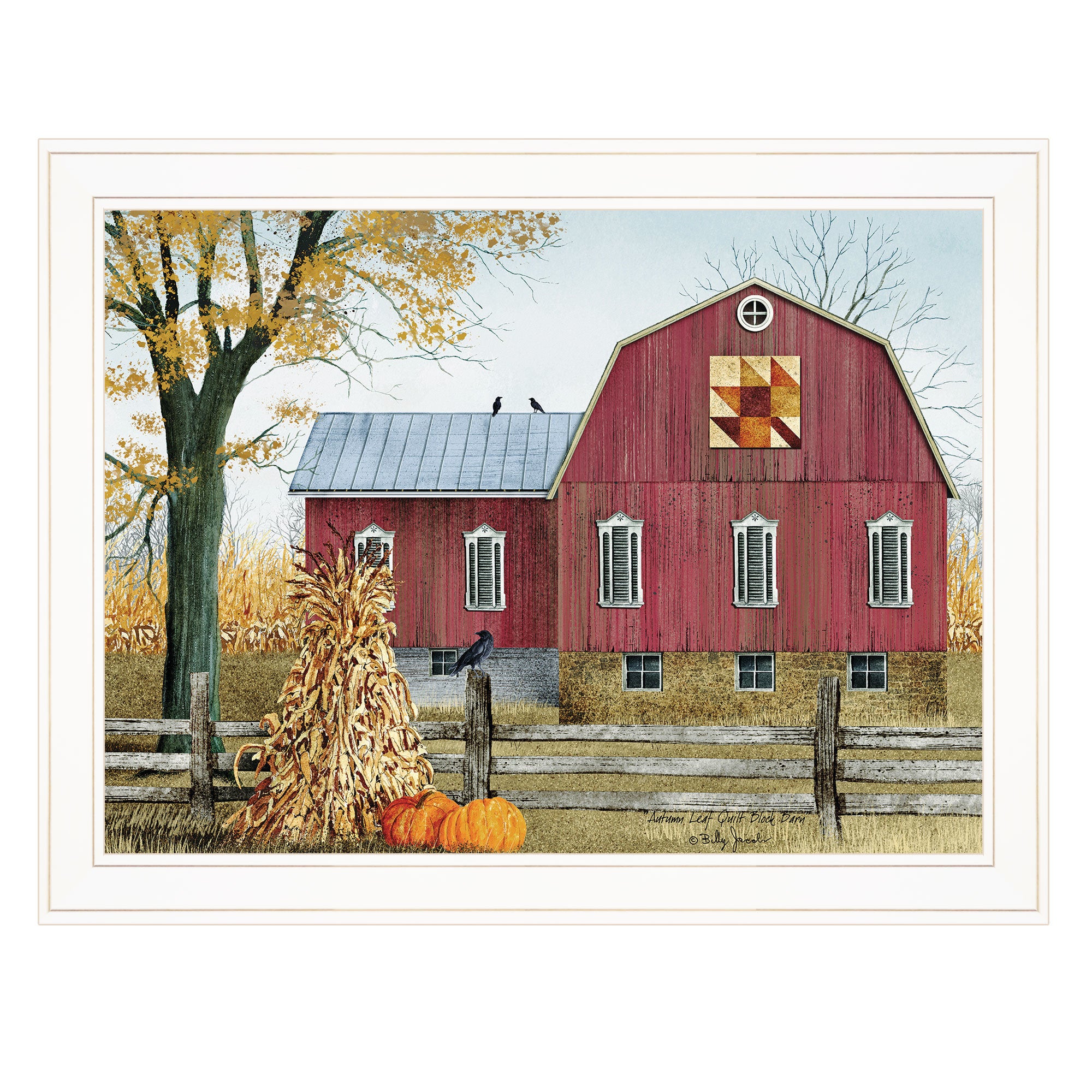 "Autumn Leaf Quilt Block Barn" by Billy Jacobs, Ready to Hang Framed Print, White Frame