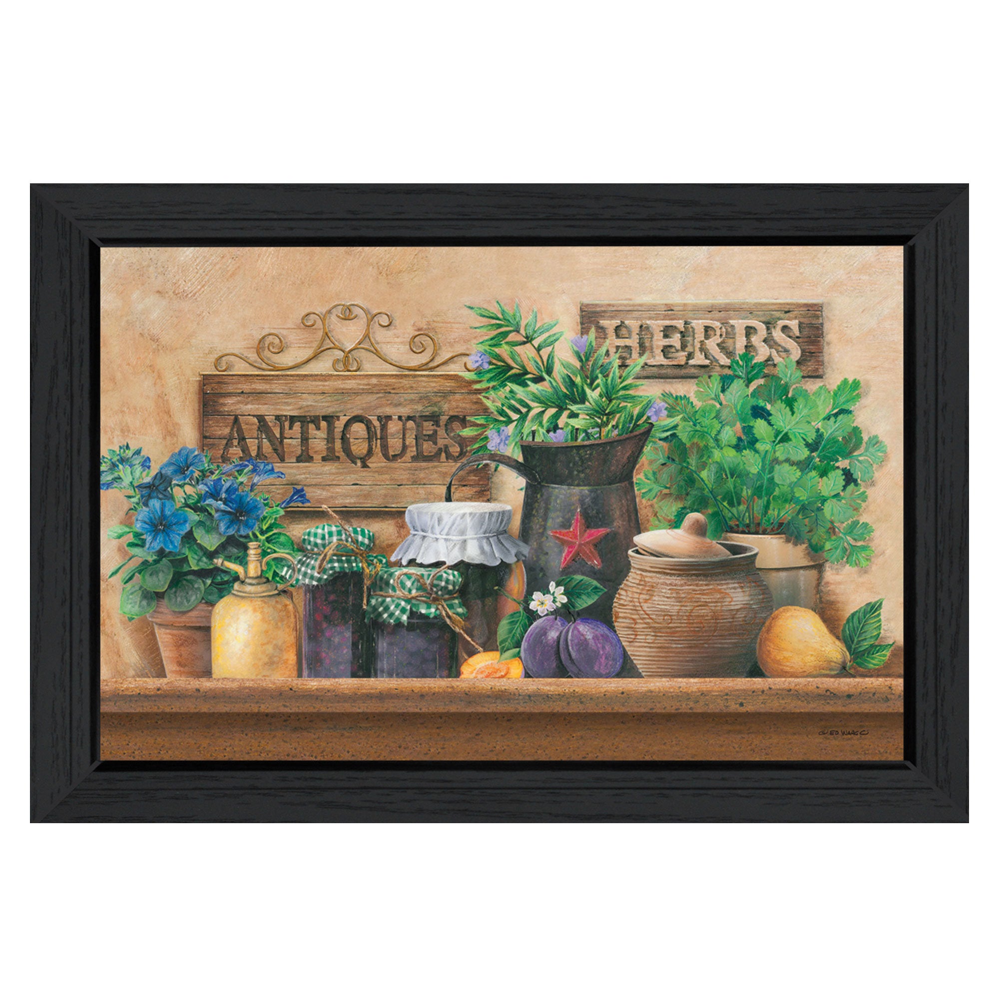 "Antiques and Herbs" By Ed Wargo, Printed Wall Art, Ready To Hang Framed Poster, Black Frame