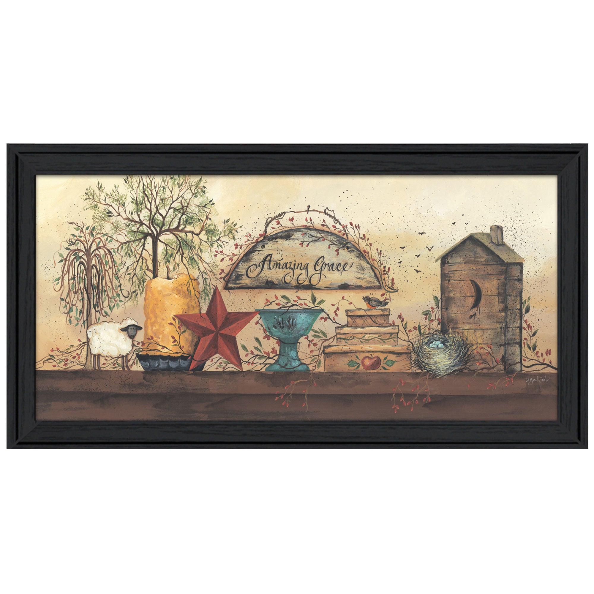 "Amazing Grace Shelf" By Gail Eads, Printed Wall Art, Ready To Hang Framed Poster, Black Frame