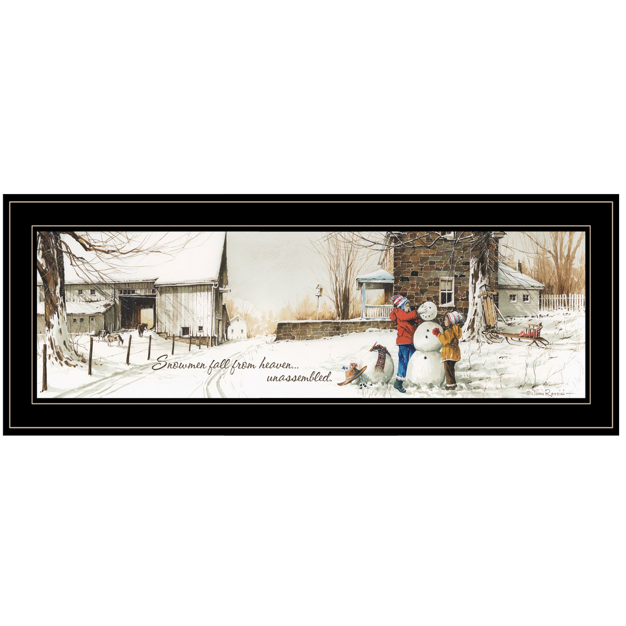 "Snowmen from Heaven" By John Rossini, Ready to Hang Framed Print, Black Frame