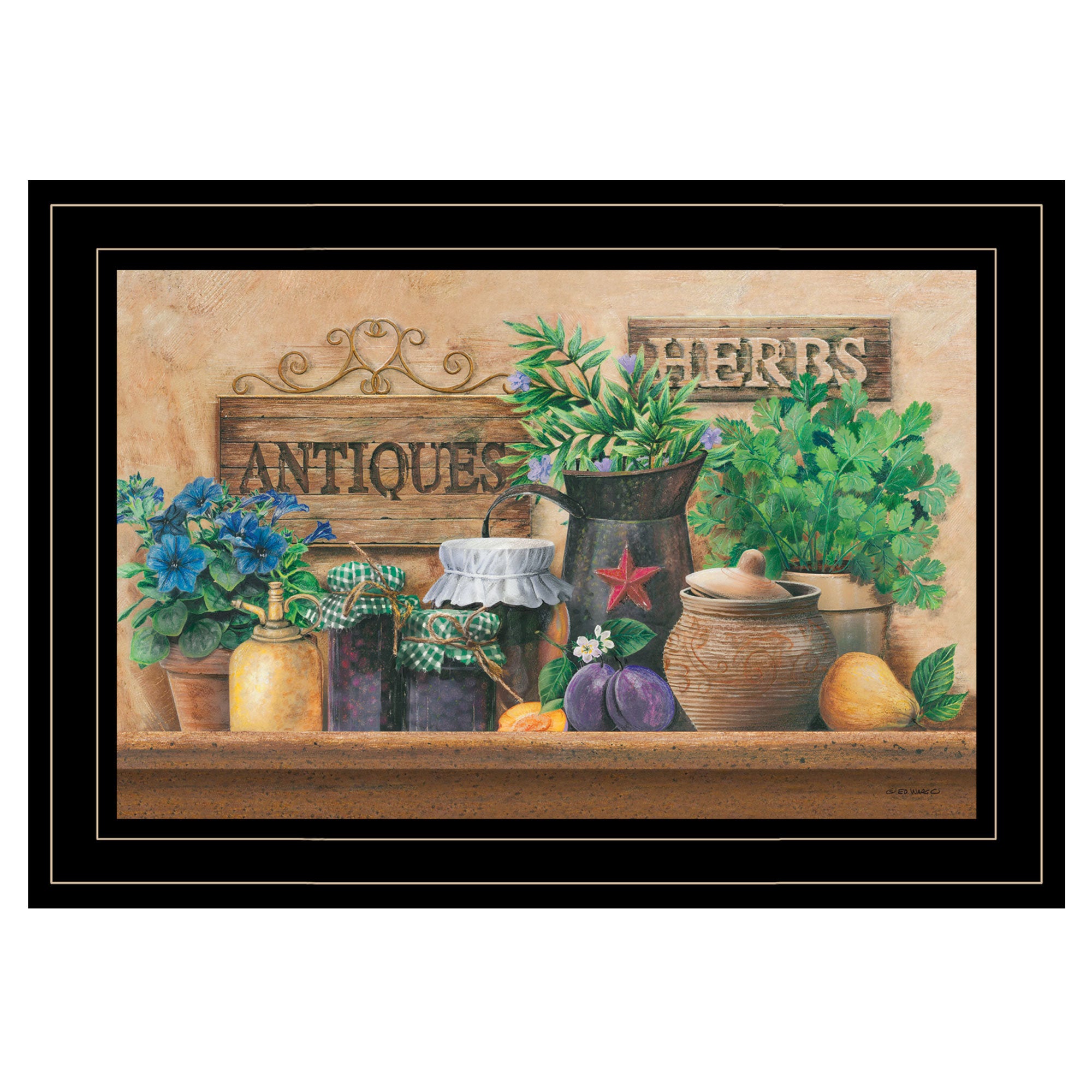 "Antiques and Herbs" By Ed Wargo, Ready to Hang Framed Print, Black Frame