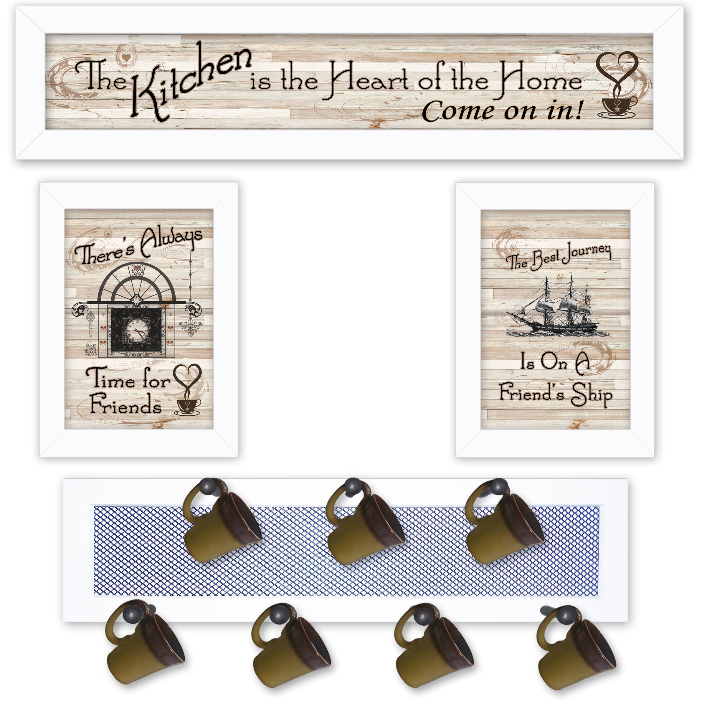 "Kitchen Collection VI" 4-Piece Vignette with 7-Peg Mug Rack by Millwork Engineering, White Frame