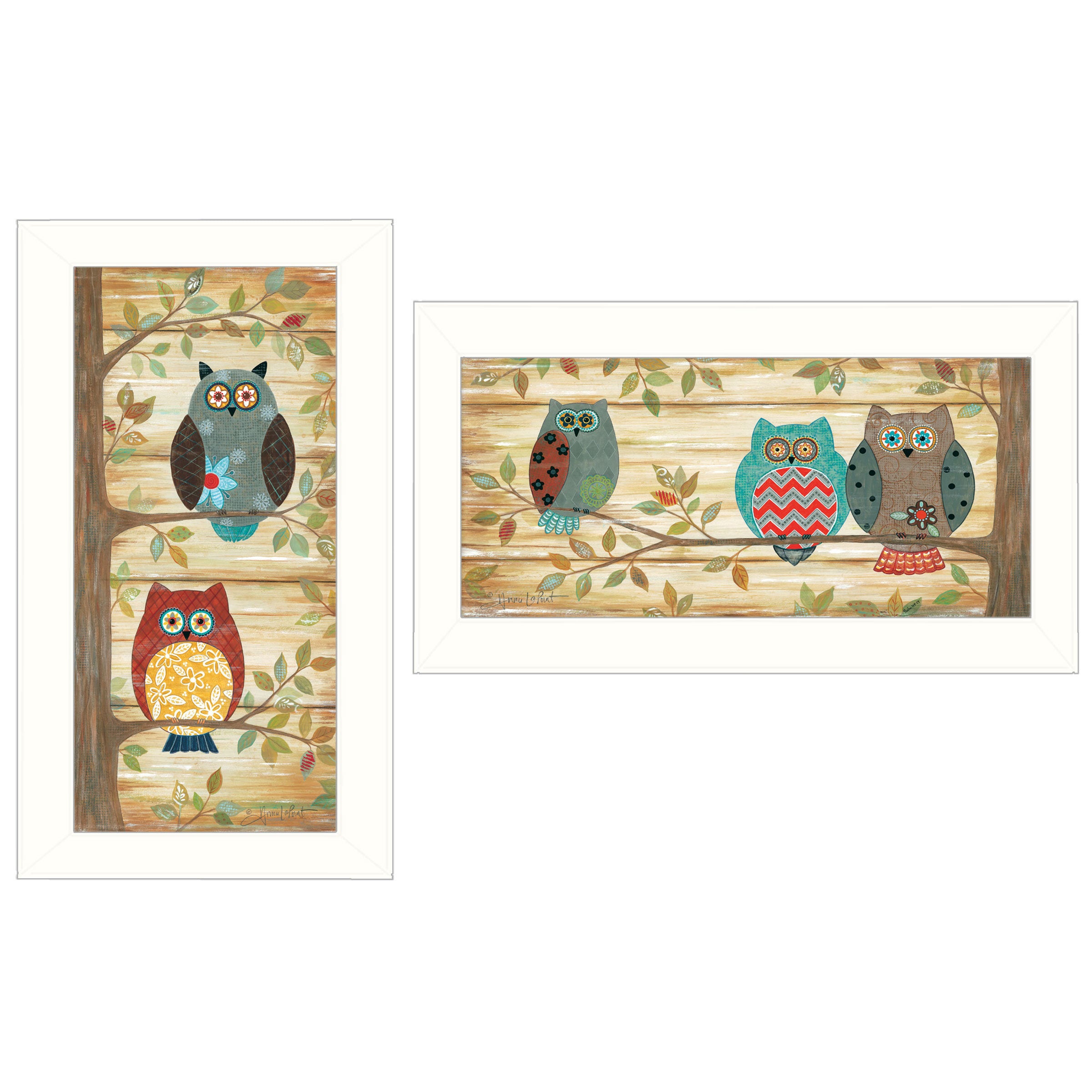 "Whimsical Owls" 2-Piece Vignette by Annie LaPoint, White Frame