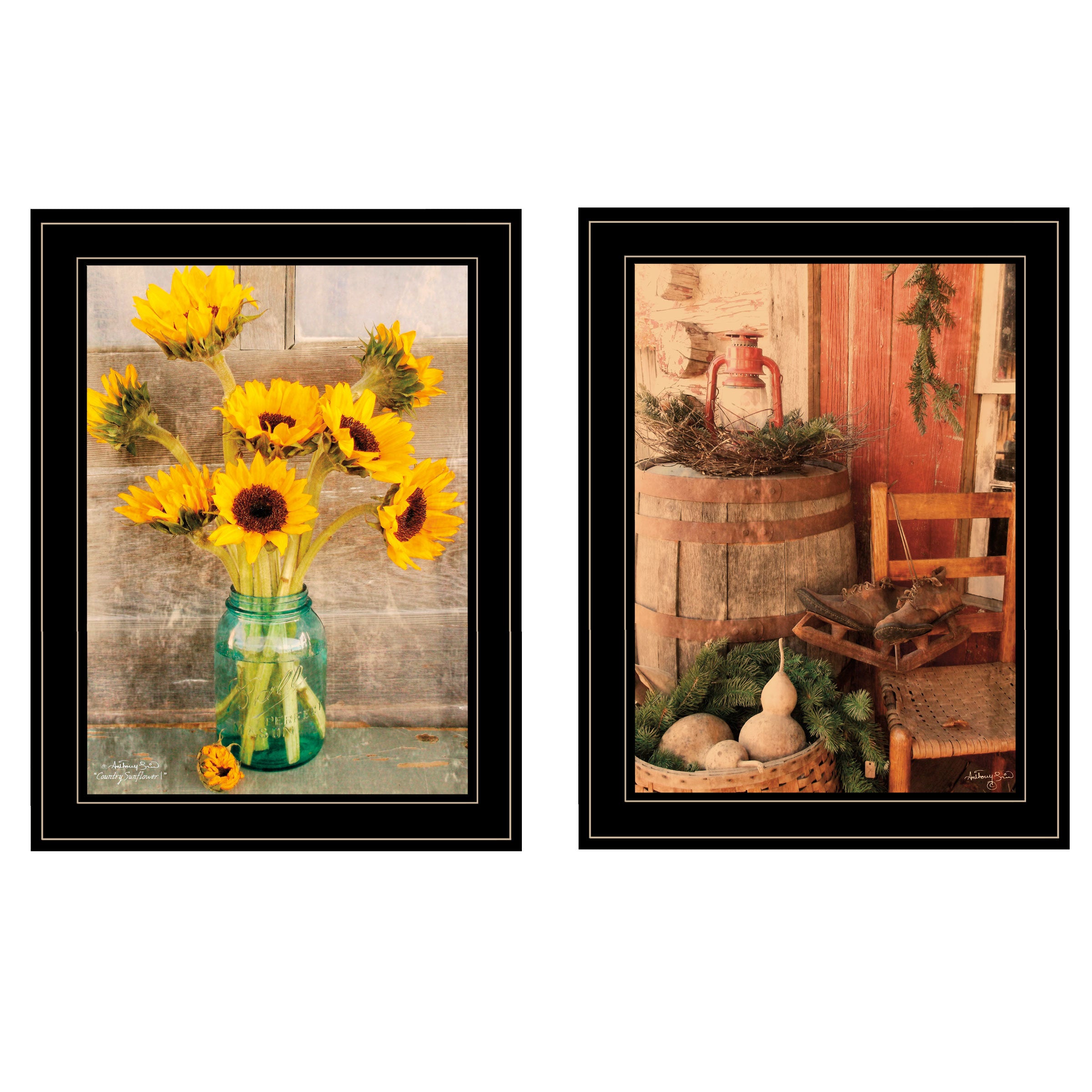 "Vintage Country & Sunflowers" 2-Piece Vignette by Anthony Smith, Black Frame