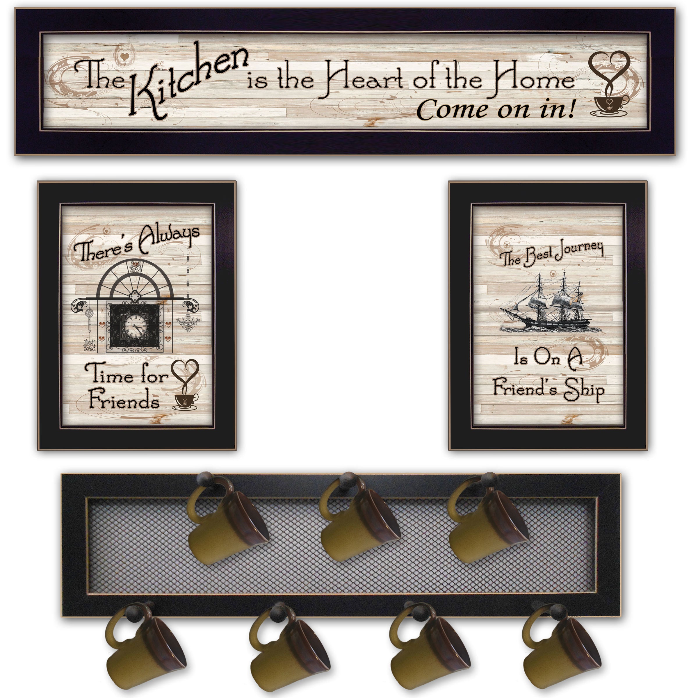 "Kitchen Collection VI" 4-Piece Vignette with 7-Peg Mug Rack by Millwork Engineering, Black Frame