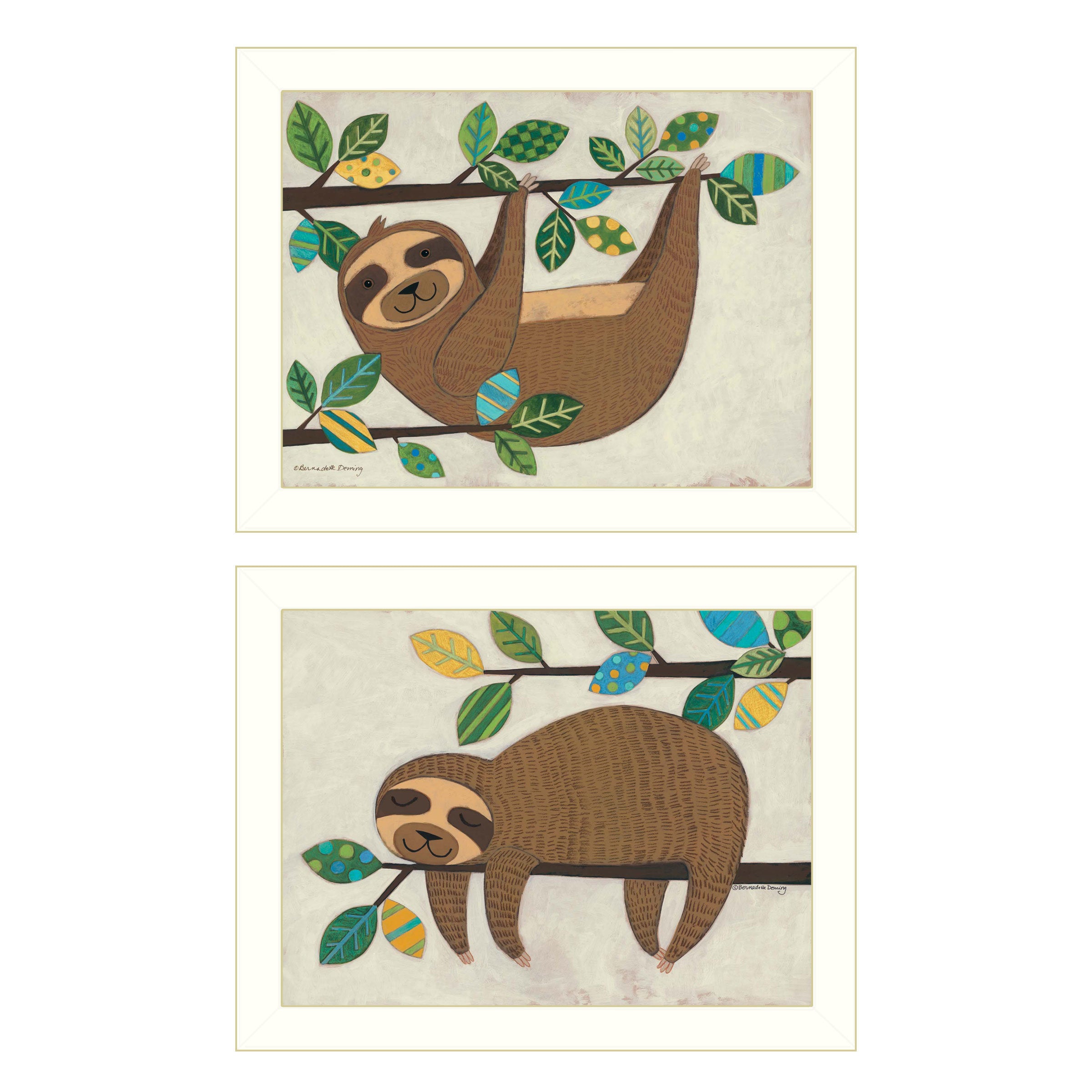 "Cute Sloths" 2-Piece Vignette by Bernadette Deming, White Frame