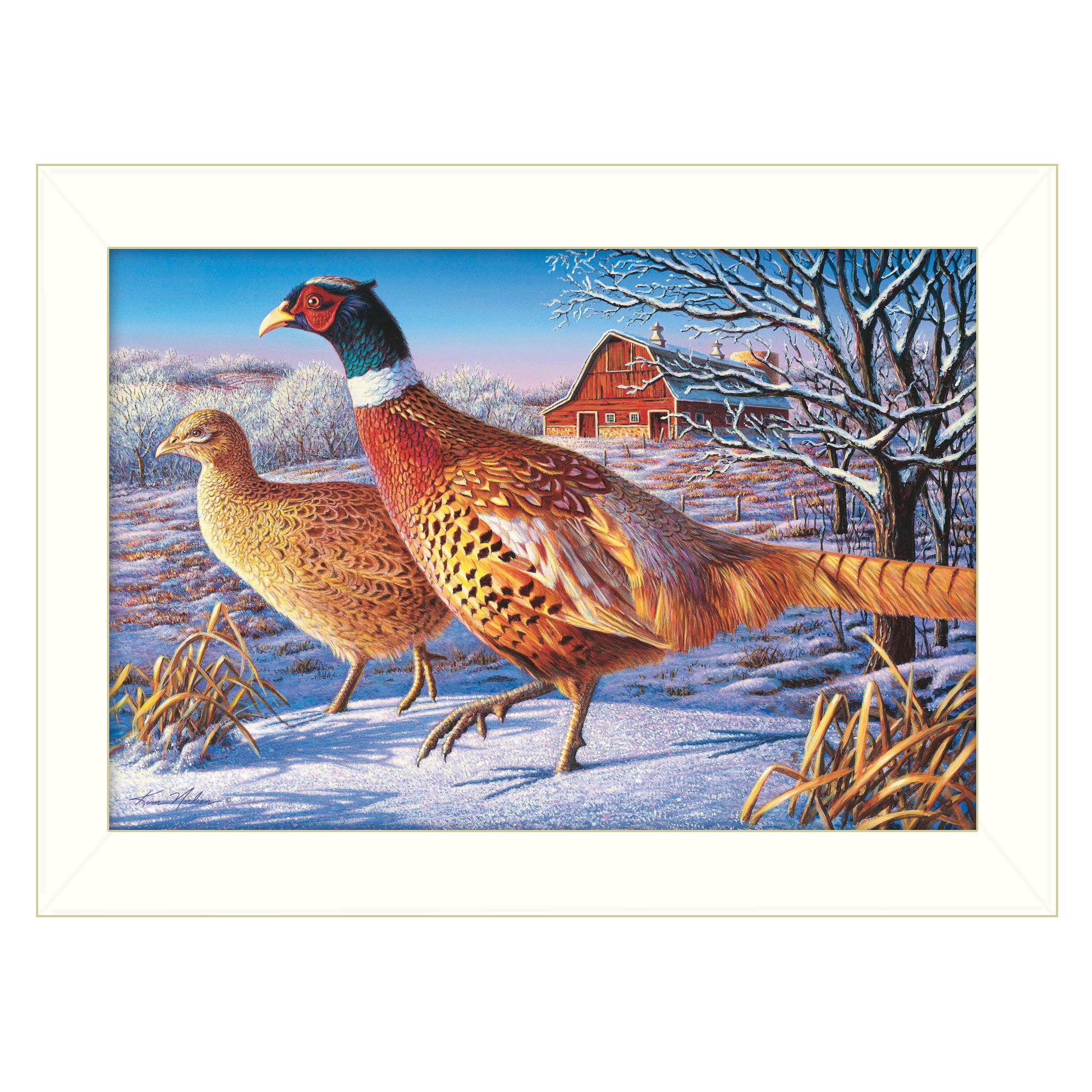 "Frosty Morning Ringnecks" by Kim Norlien, Ready to Hang Framed Print, White Frame