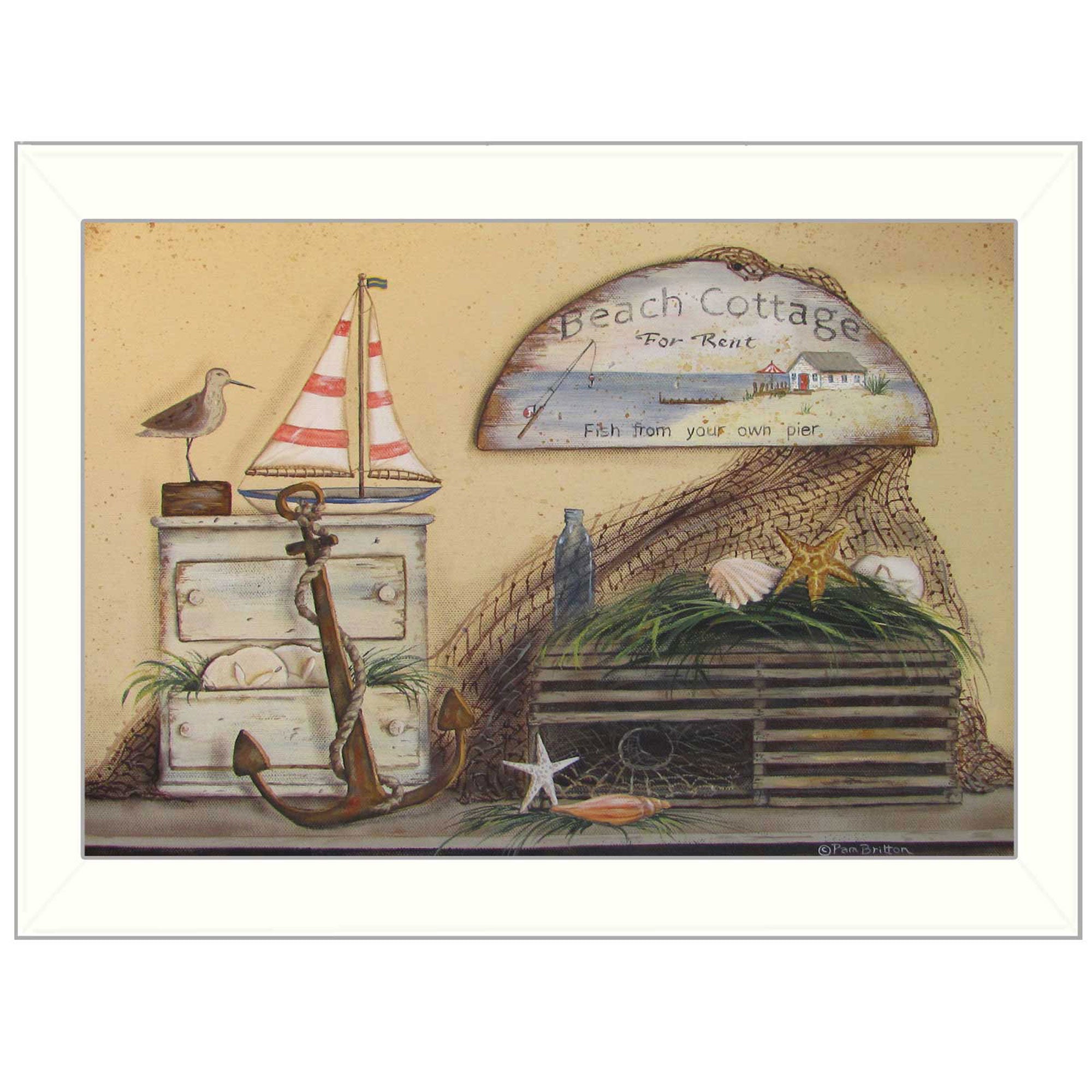 "Beach Cottage" By Pam Britton, Printed Wall Art, Ready To Hang Framed Poster, White Frame