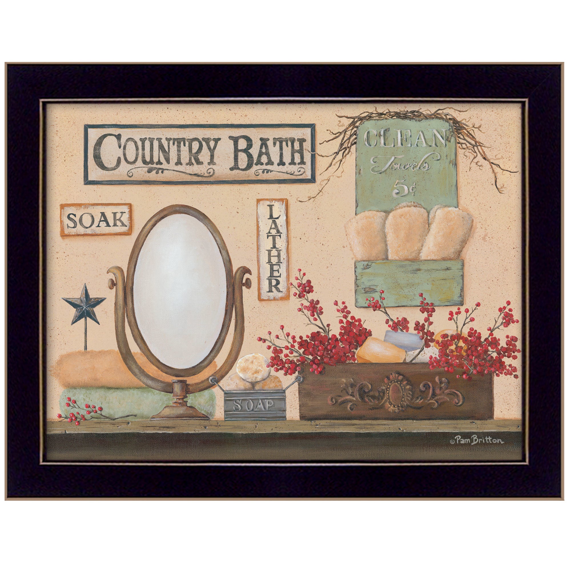 "Country Bath" By Pam Britton, Printed Wall Art, Ready To Hang Framed Poster, Black Frame