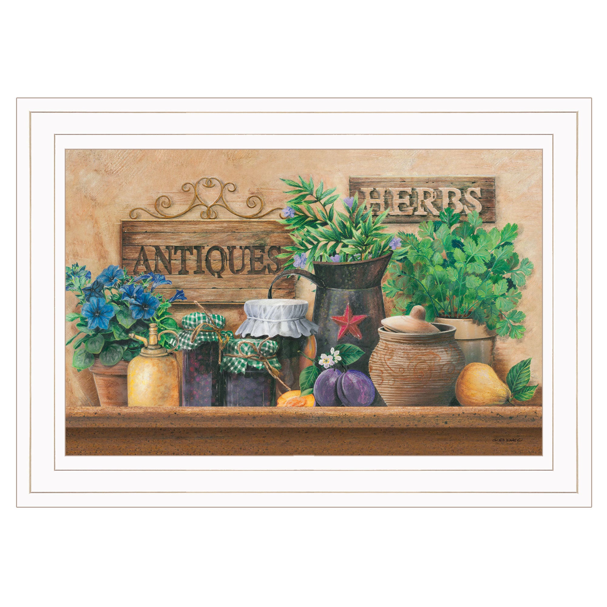 "Antiques and Herbs" By Ed Wargo, Ready to Hang Framed Print, White Frame