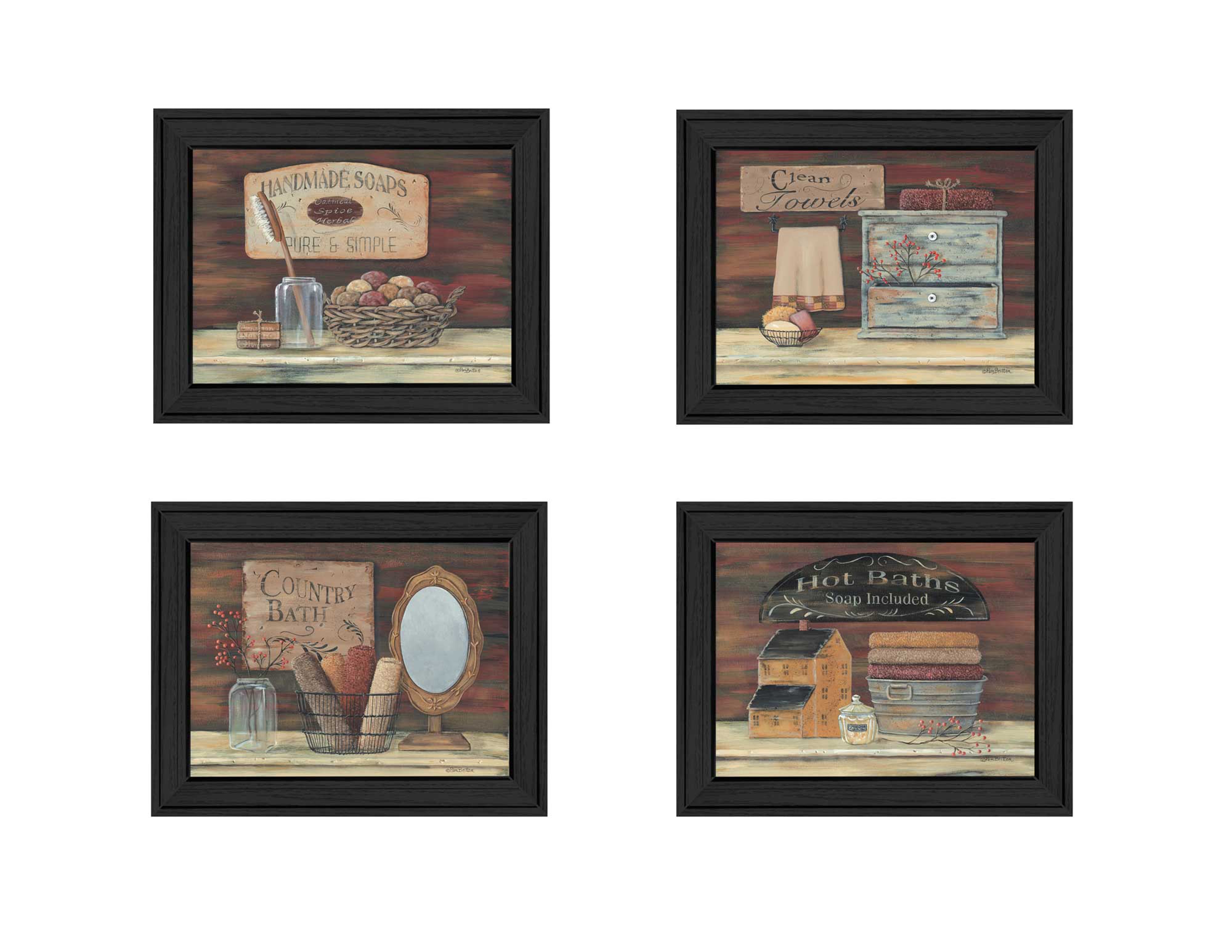 "Bathroom I Collection " 4-Piece Vignette By Pam Britton, Printed Wall Art, Ready To Hang Framed Poster, Black Frame