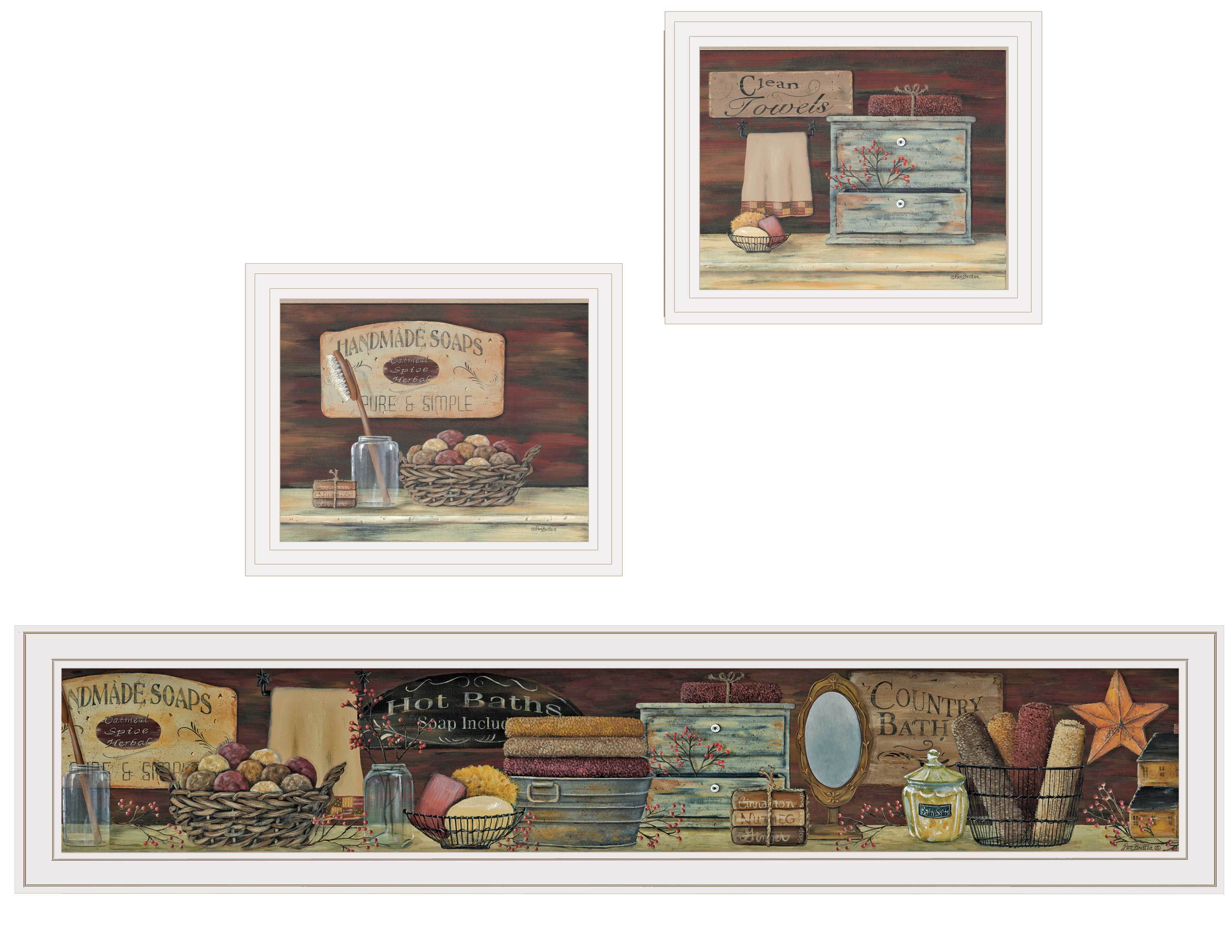 "COUNTRY BATH 1" 3-Piece Vignette by Pam Britten, White Frame