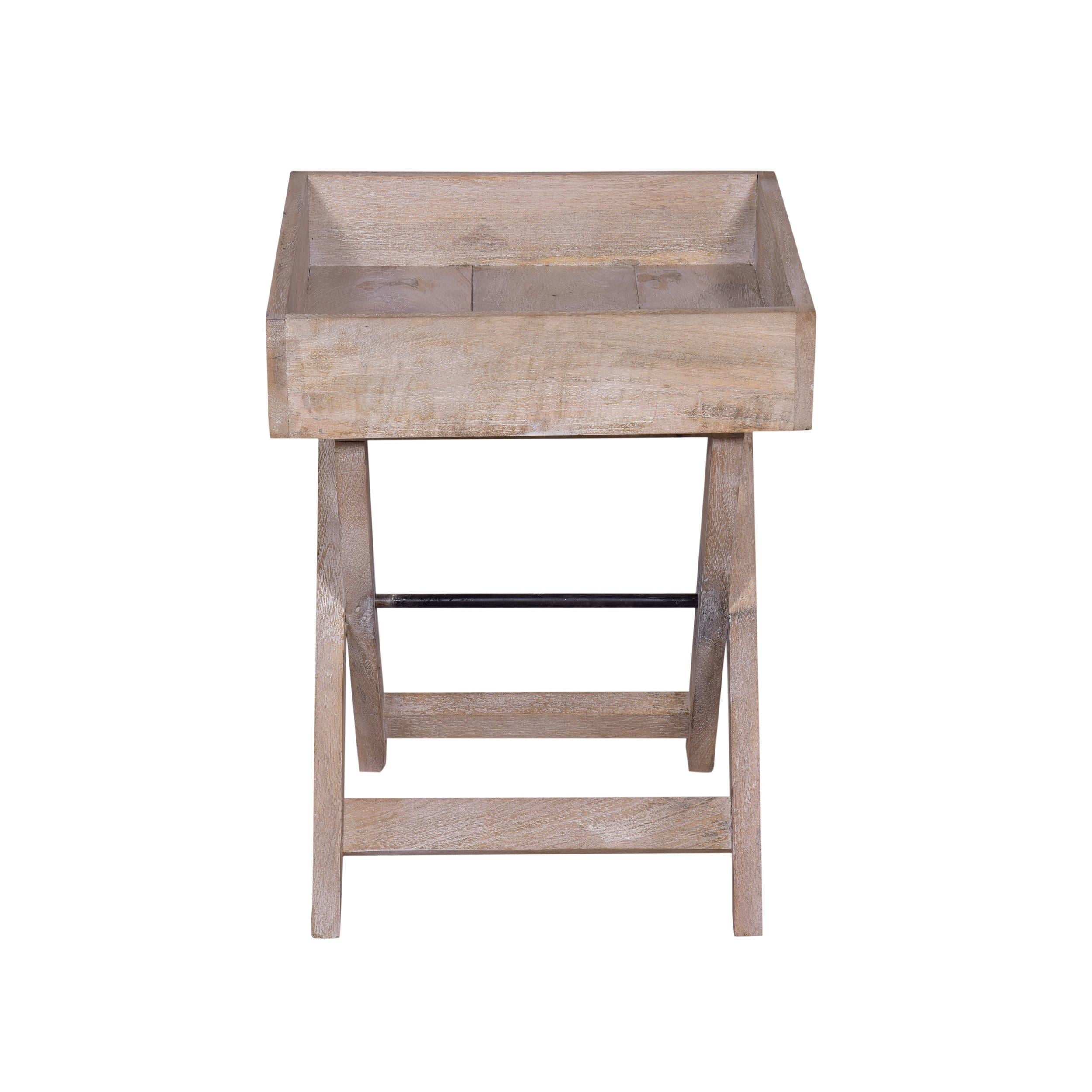 22 Inch Farmhouse Square Tray Top End Table, Mango Wood, X Shape Foldable Frame, Washed White