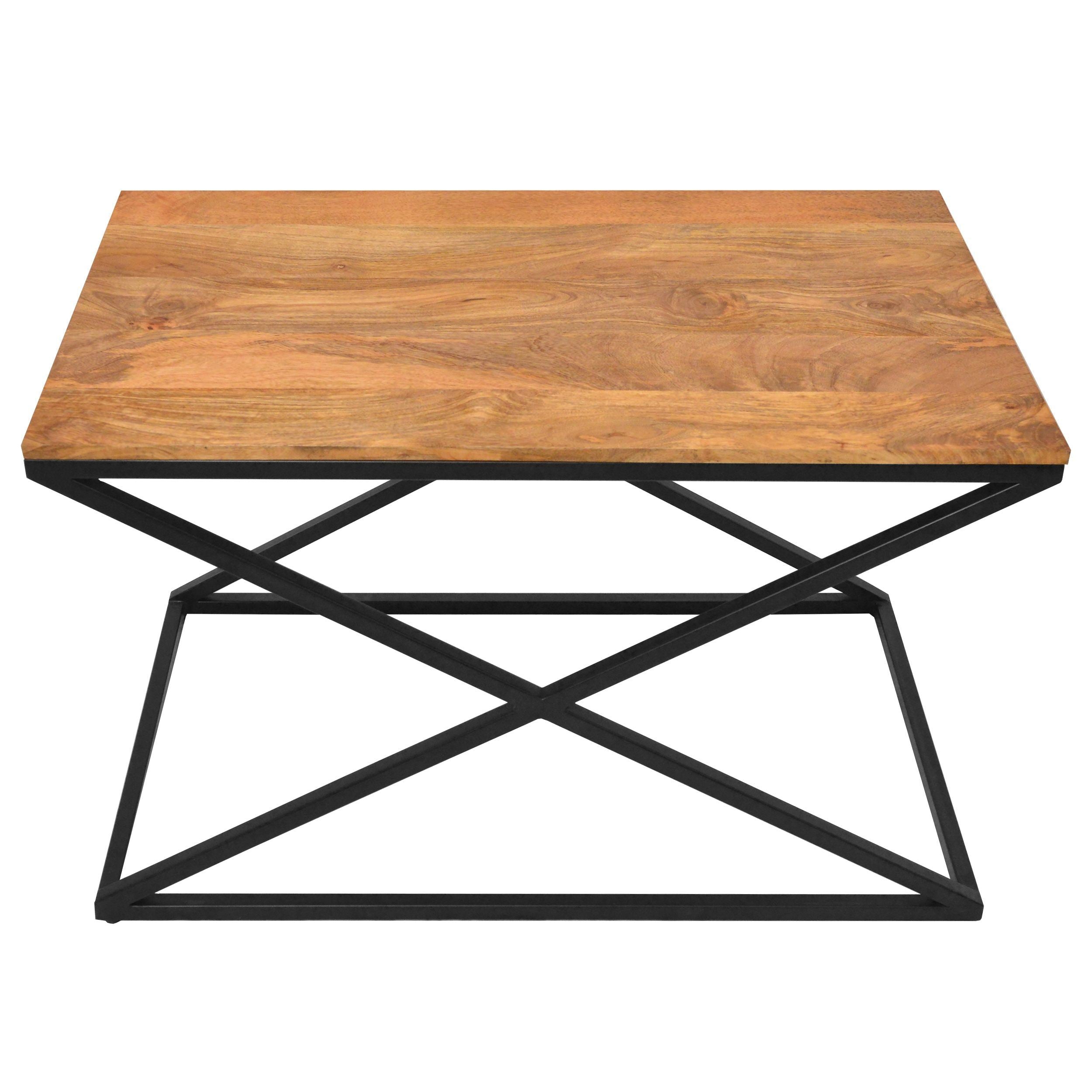 35 Inch Wooden Rectangle Coffee Table with X Shape Metal Frame, Brown and Black