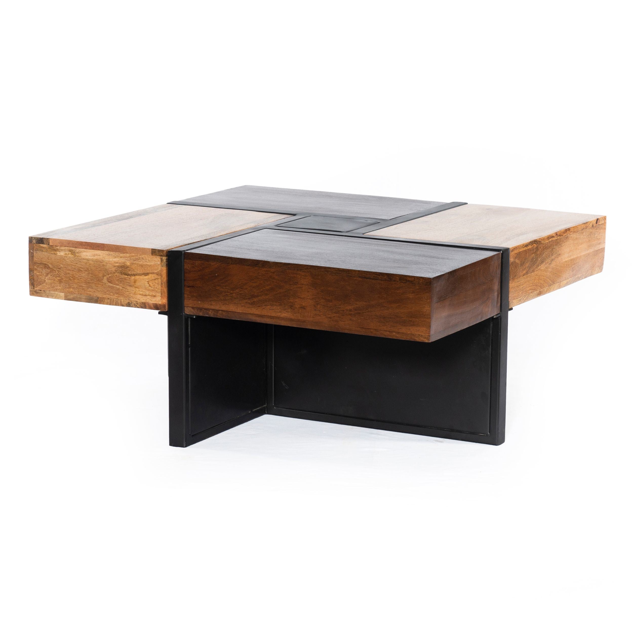 36 Inch Handcrafted Square Mango Wood Coffee Table; Iron Frame; Cherry; Natural; Black