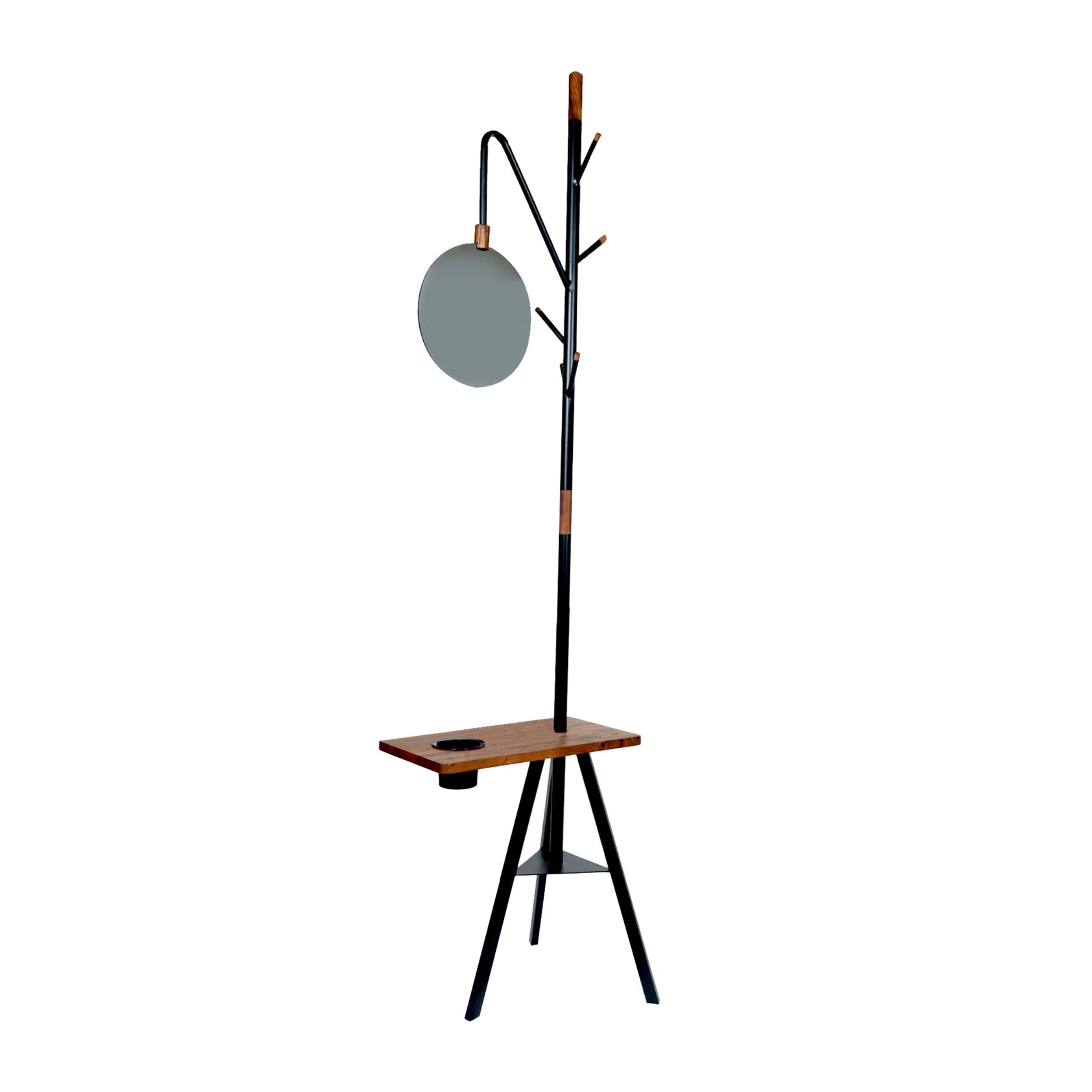 84 Inch Metal Coat Rack; Built In Mirror and Acacia Wood Accessory Table; Brown; Black