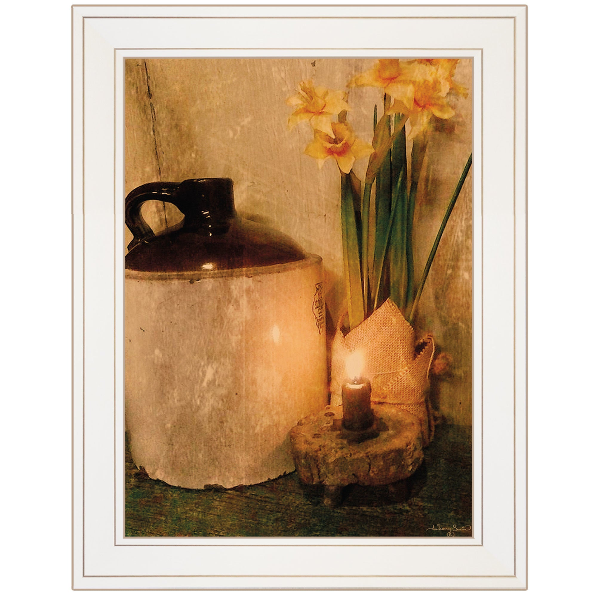"Daffodils by Candlelight" by Anthony Smith, Ready to Hang Framed Print, White Frame