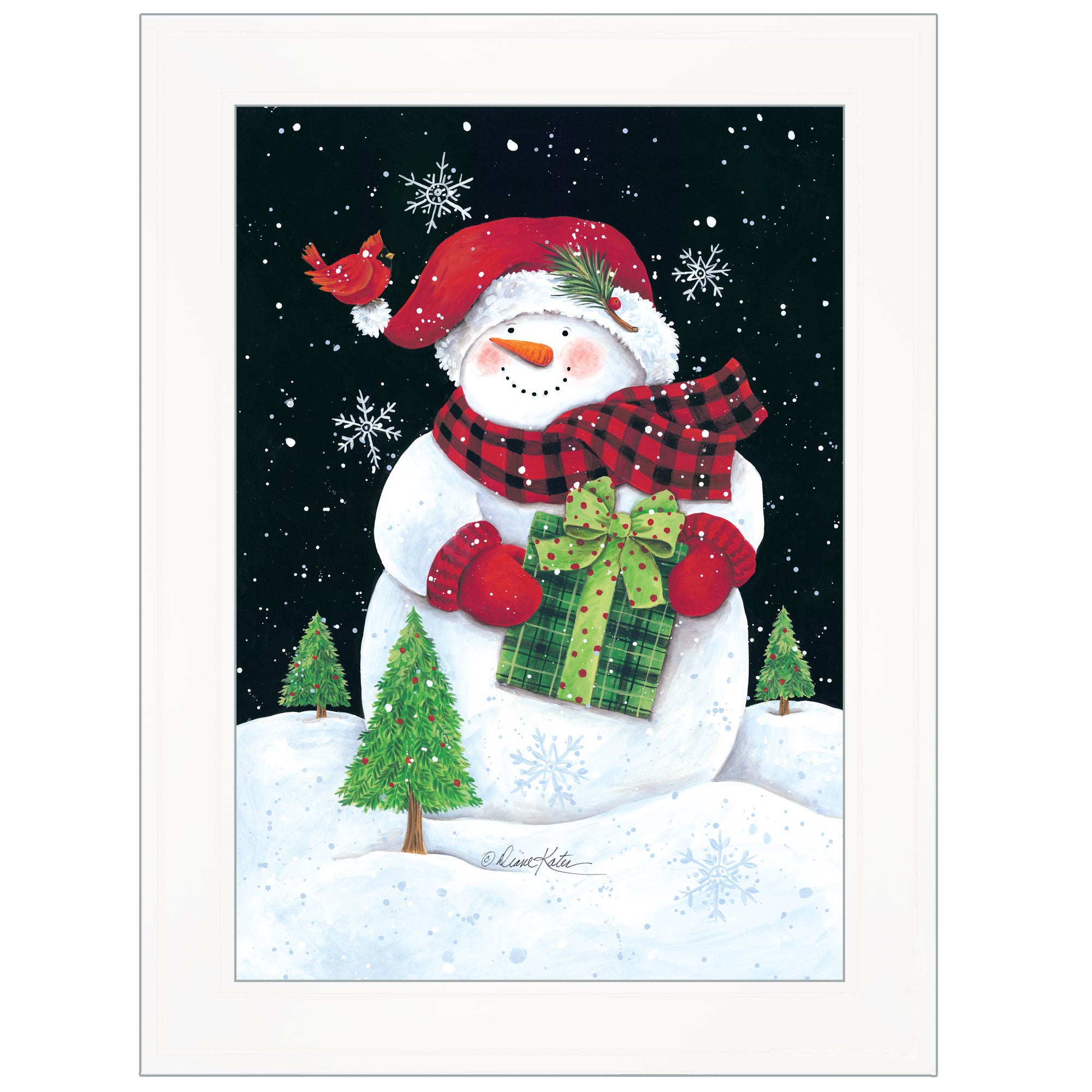 "Plaid Stocking Hat Snowman" by Diane Kater, Ready to Hang Framed Print, White Frame with Iron Easel
