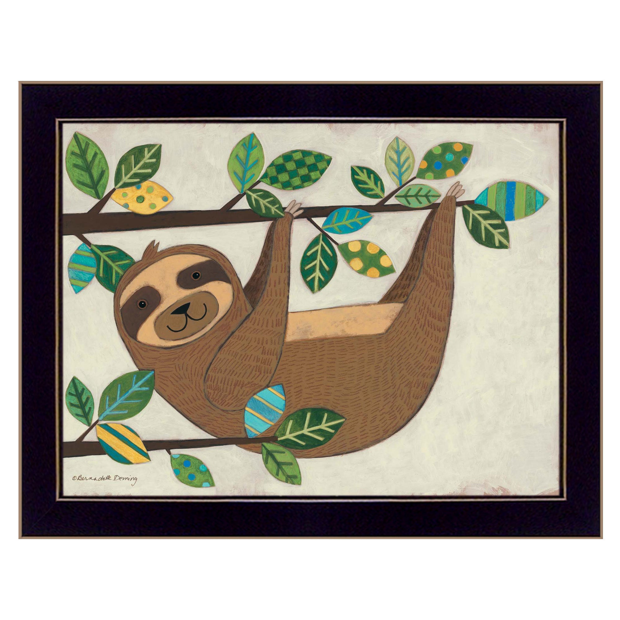 "Hanging Sloth I" by Bernadette Deming, Ready to Hang Framed Print, Black Frame
