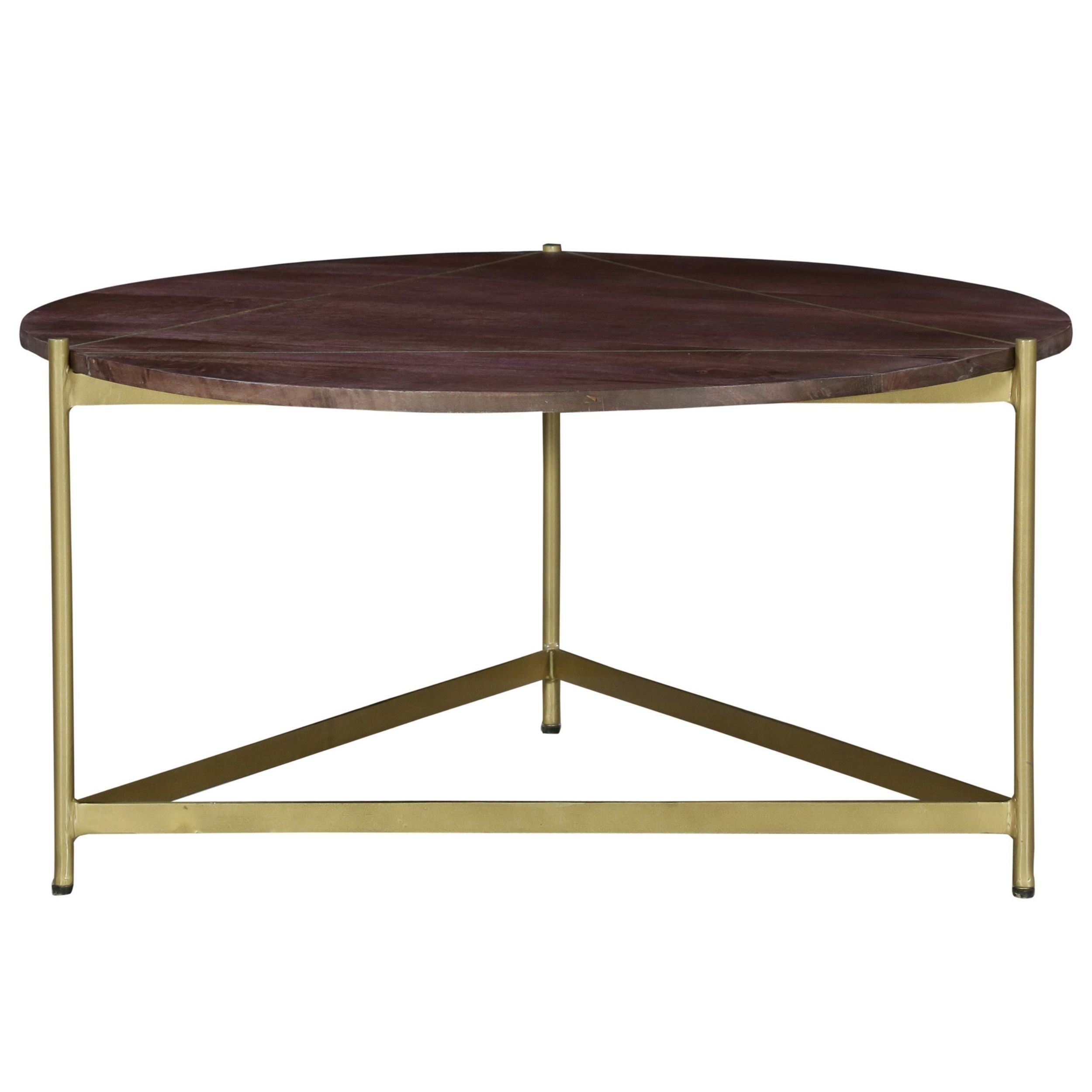 Ellis 32 Inch Round Wood Coffee Table with Brass Metal Base, Brown, Matte Gold