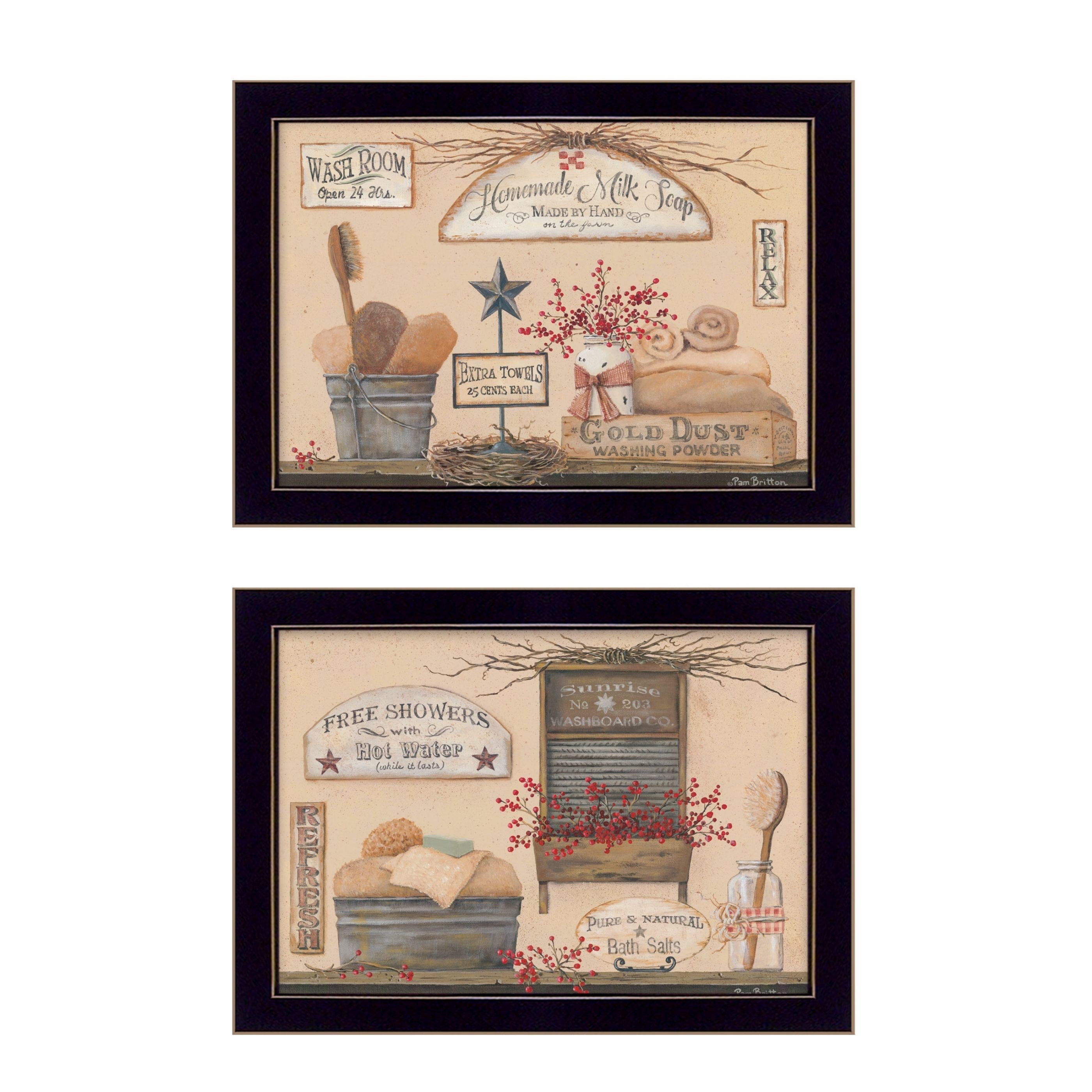 "Wash Room Collection" 2-Piece Vignette By Pam Britton, Printed Wall Art, Ready To Hang Framed Poster, Black Frame