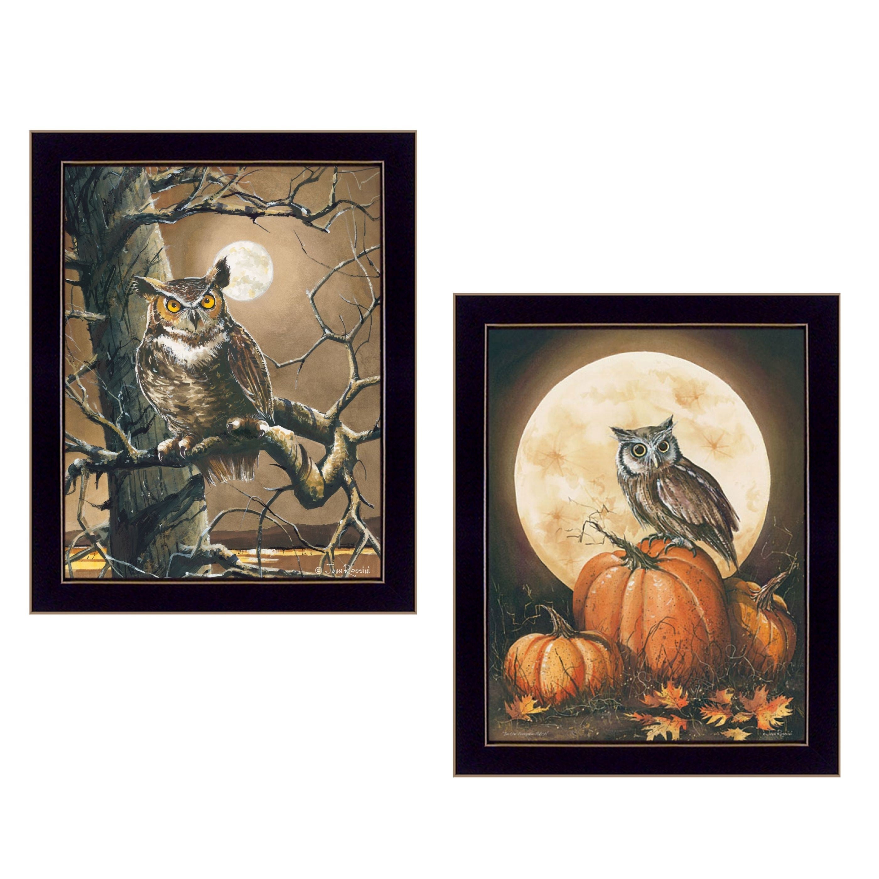 "Autumn Owls Collection" 2-Piece Vignette By John Rossini, Printed Wall Art, Ready To Hang Framed Poster, Black Frame