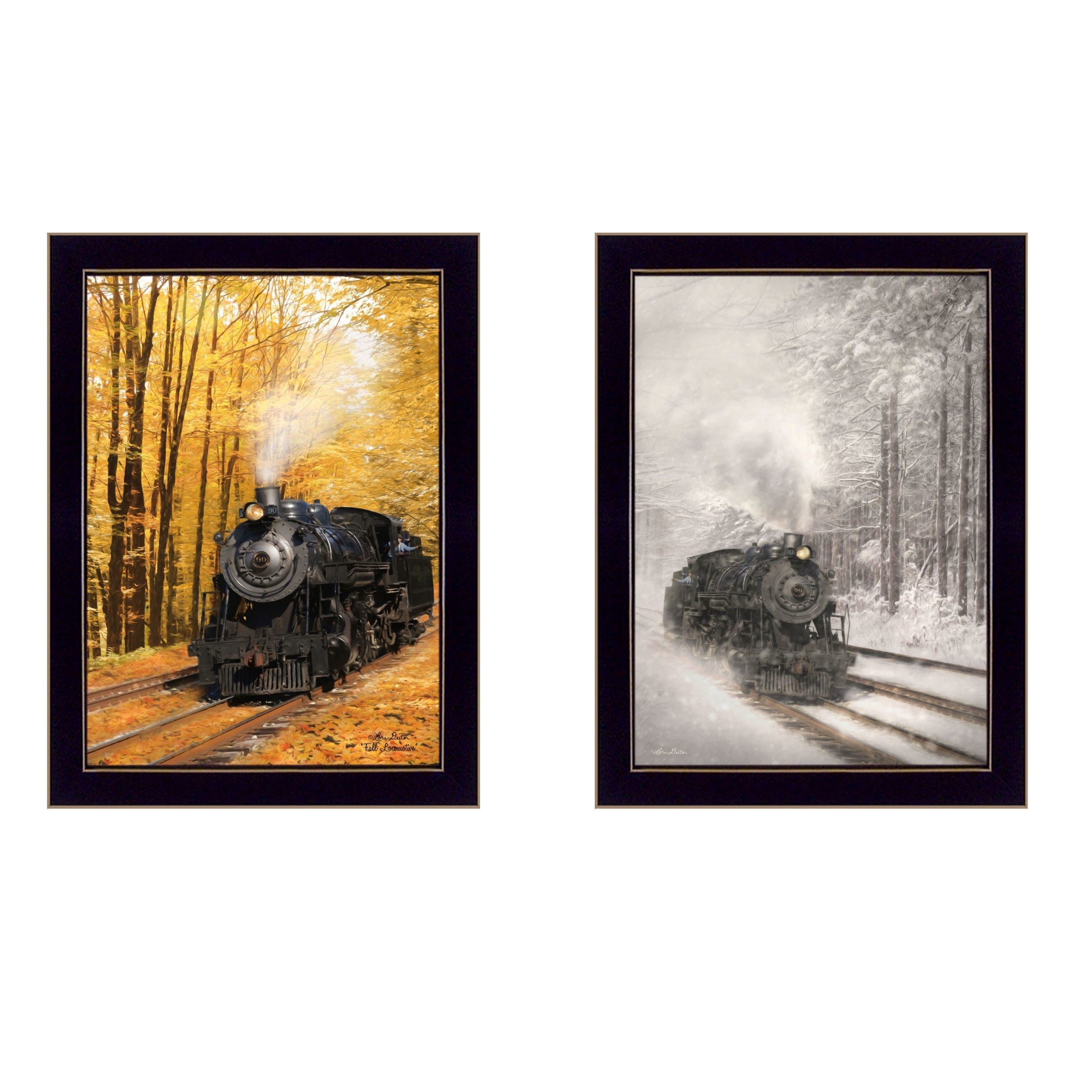 "Vintage Locomotives Collection" 2-Piece Vignette By Lori Deiter, Printed Wall Art, Ready To Hang Framed Poster, Black Frame