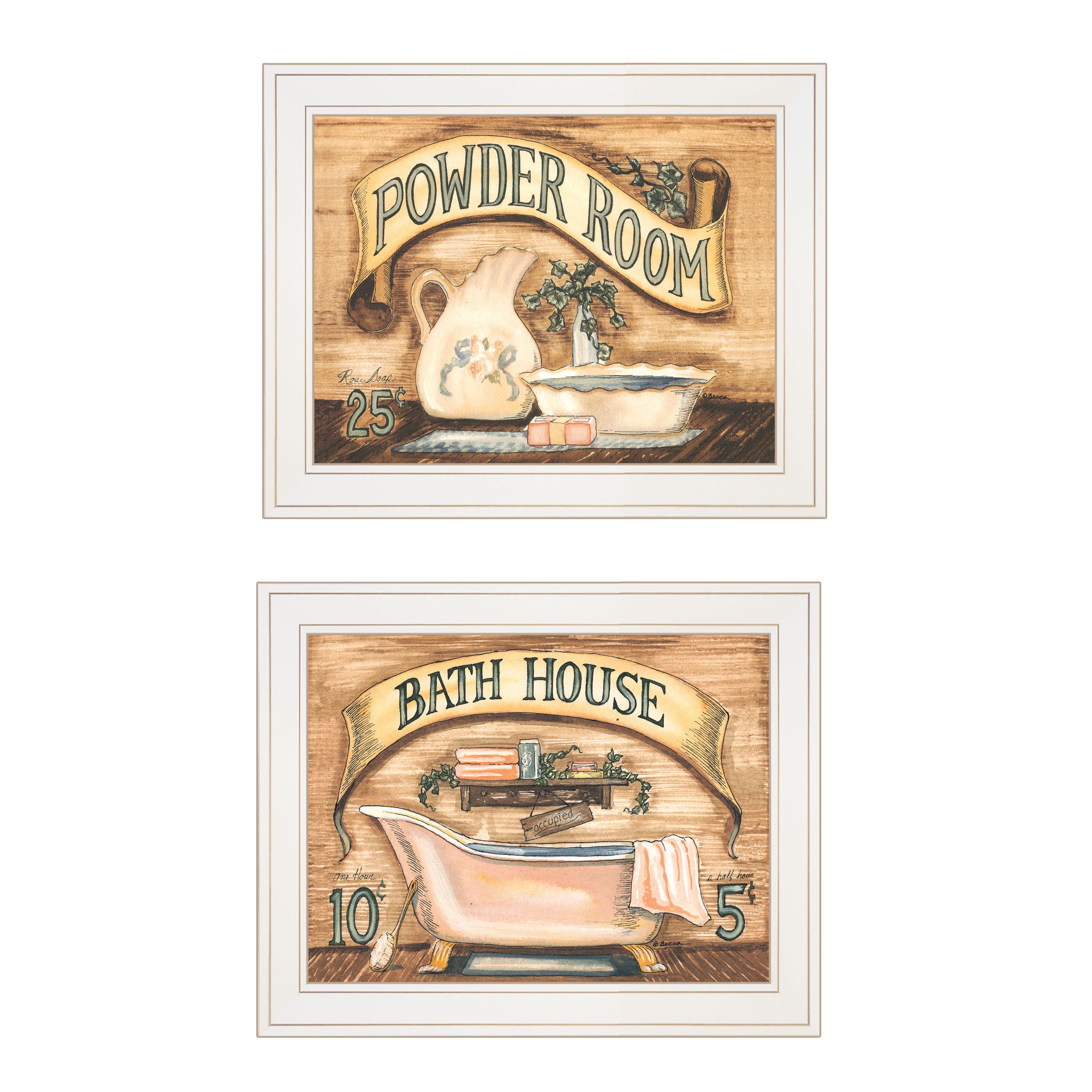 "Bath & Powder Room" 2-Piece Vignette by Becca Barton, White Frame