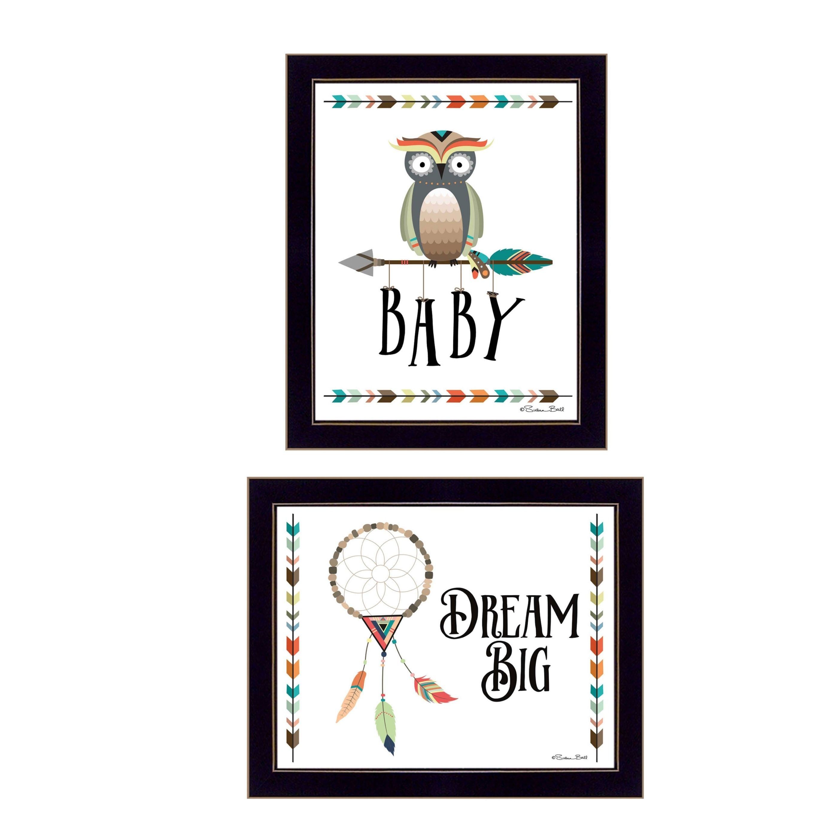 "Baby Owl/Dream Big Collection" 3-Piece Vignette By Susan Boyer, Printed Wall Art, Ready To Hang Framed Poster, Black Frame