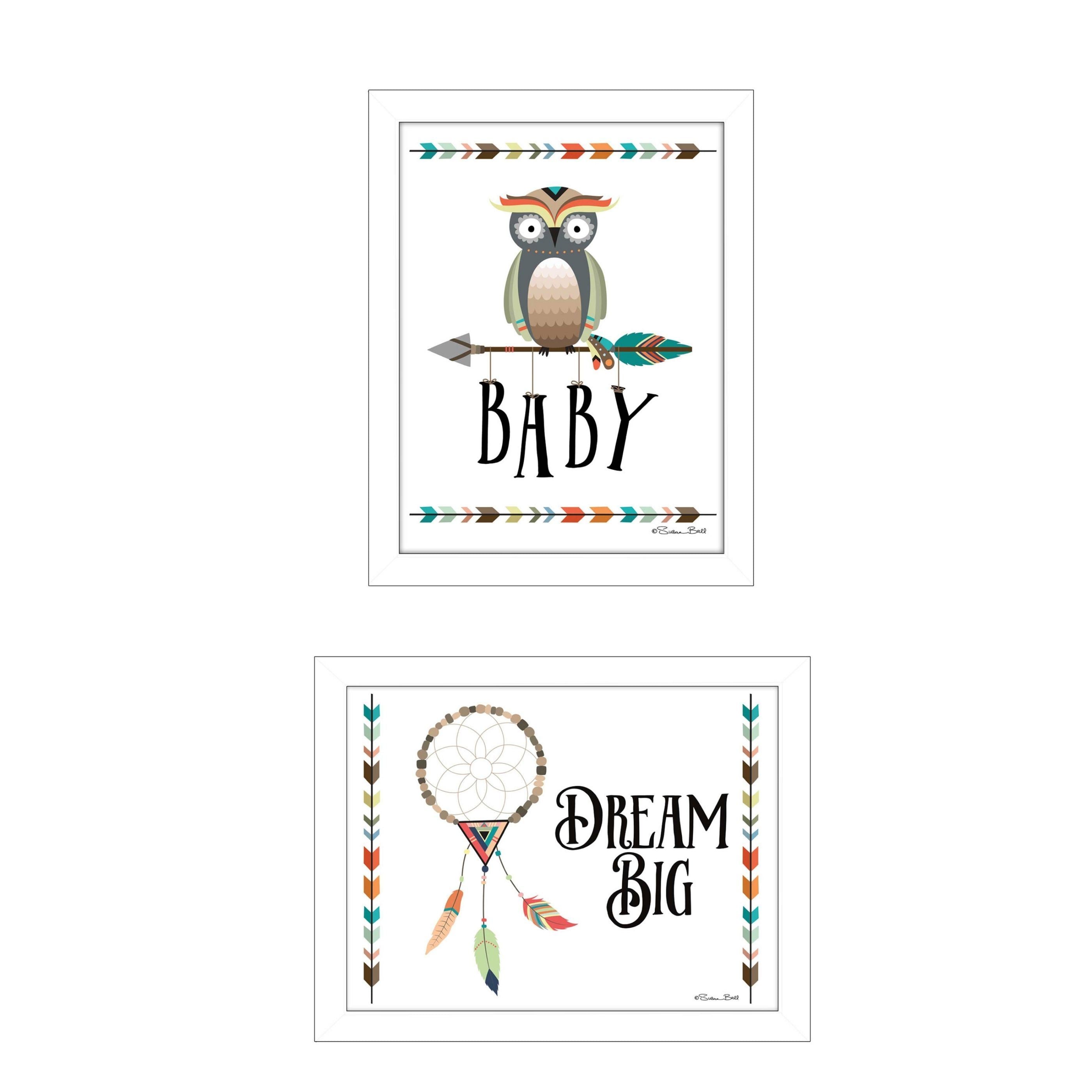 "Baby Owl/Dream Big Collection" 3-Piece Vignette By Susan Boyer, Printed Wall Art, Ready To Hang Framed Poster, White Frame