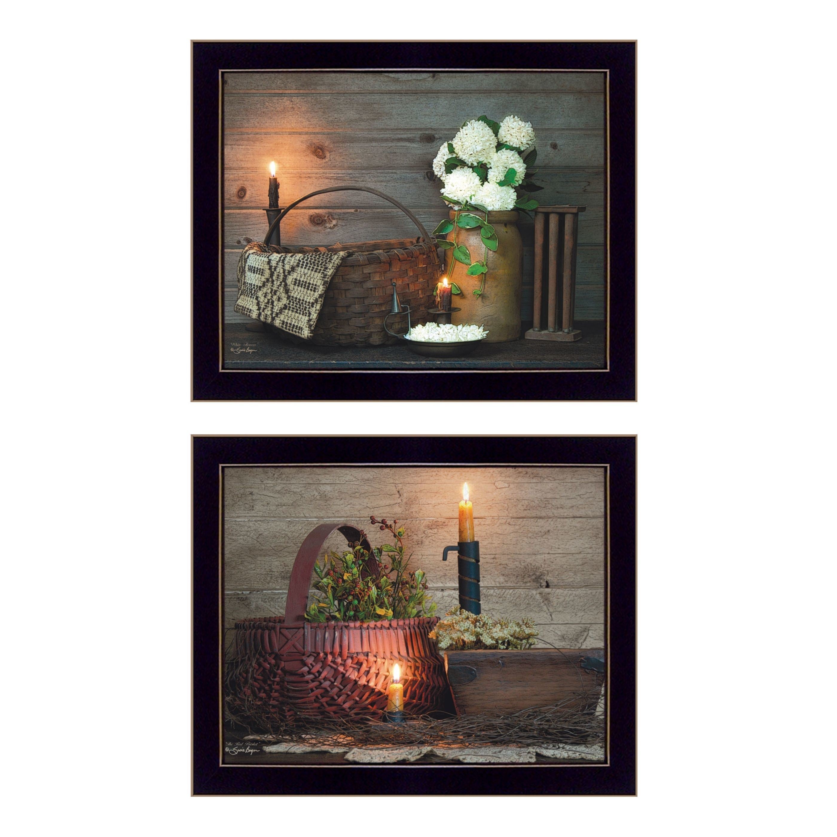 "Baskets and Flowers Collection" 2-Piece Vignette By Susan Boyer, Printed Wall Art, Ready To Hang Framed Poster, Black Frame