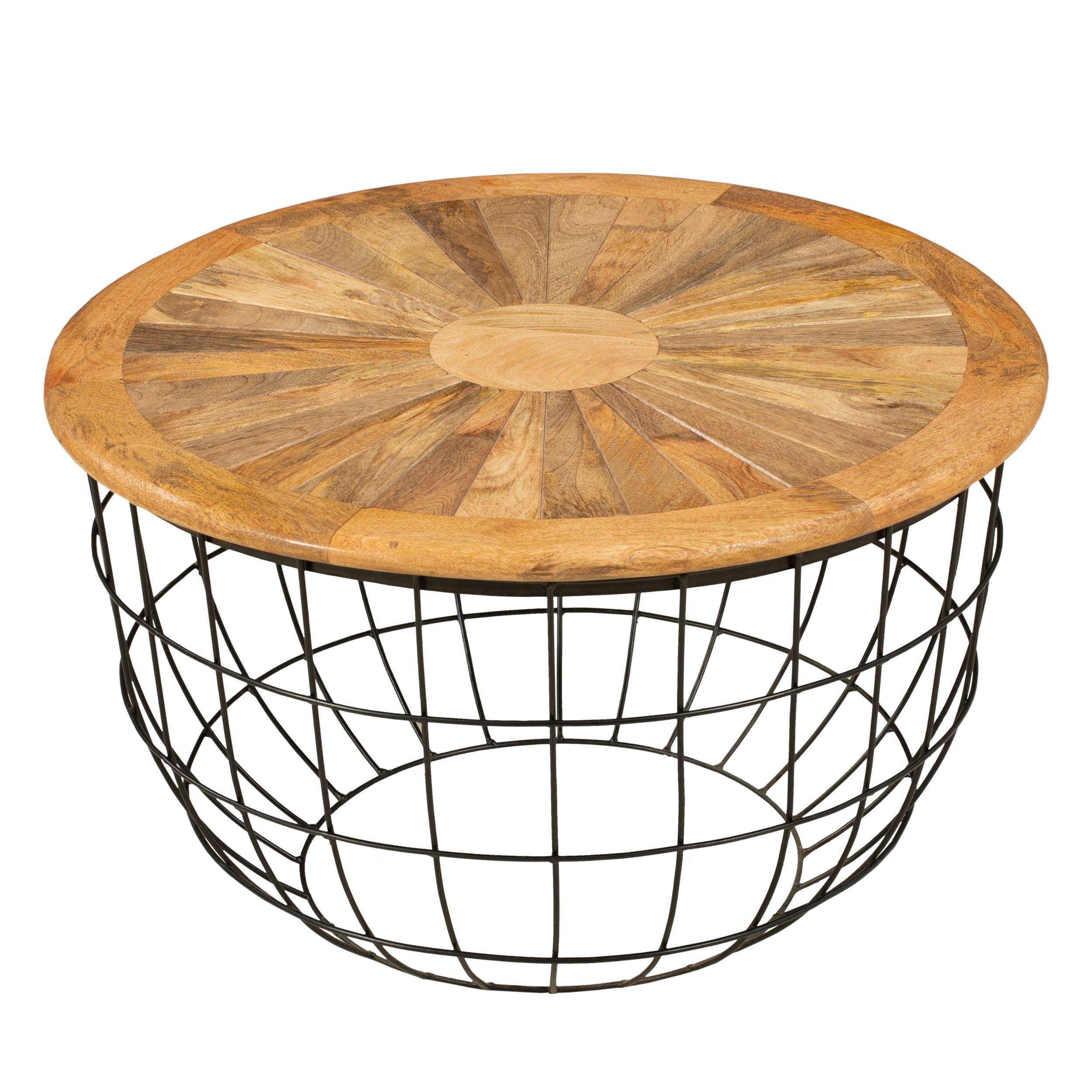 Round Mango Wood Coffee Table with Wooden Top and Nesting Basket Frame, Brown and Black